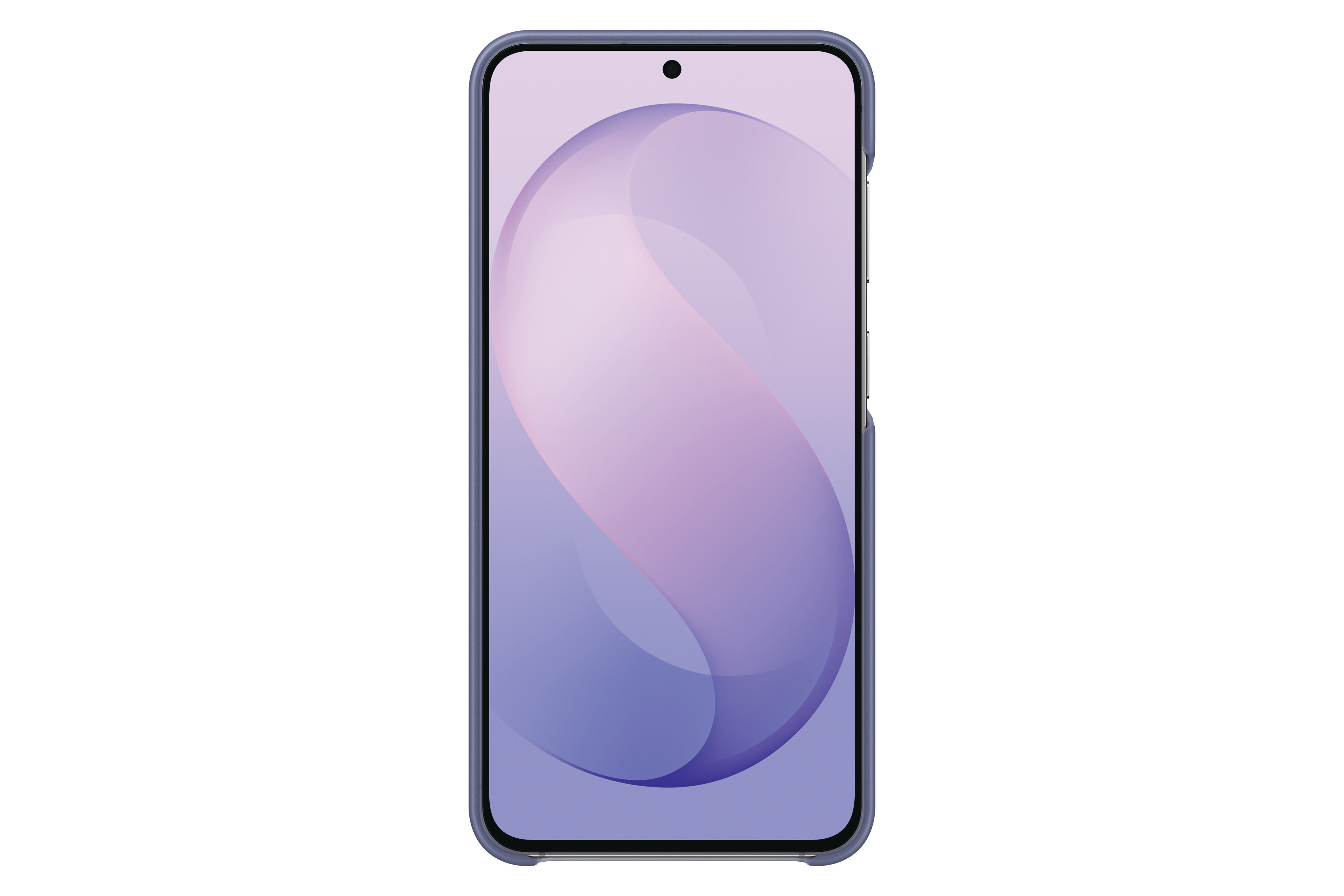 Ein Smartphone in einer lila Hülle mit einem abstrakten, geschwungenen Hintergrundbild in Pastelltönen auf dem Bildschirm.