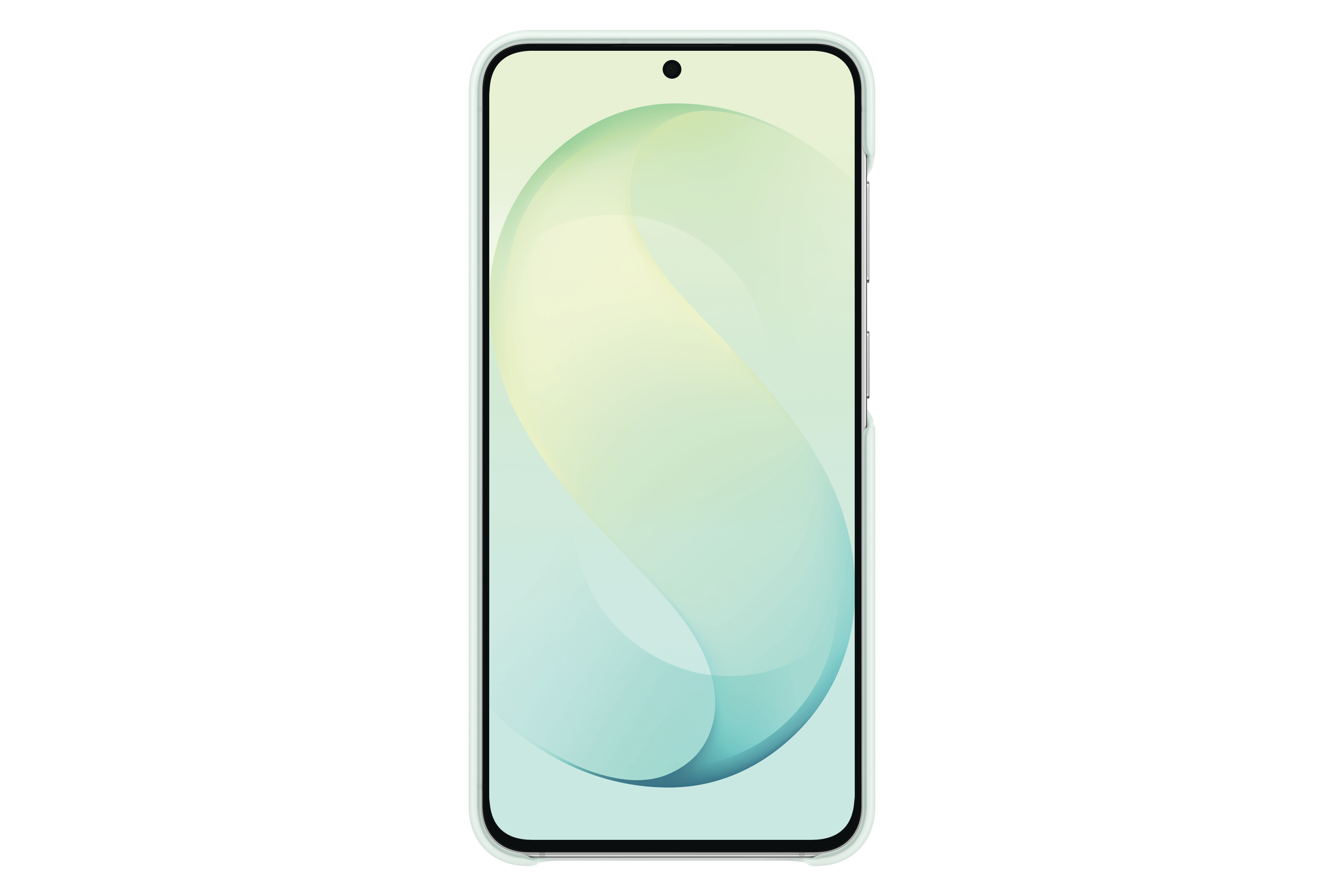 Ein Smartphone im hellen Gehäuse zeigt ein abstraktes grün-gelbes Hintergrundbild auf weißem Hintergrund.