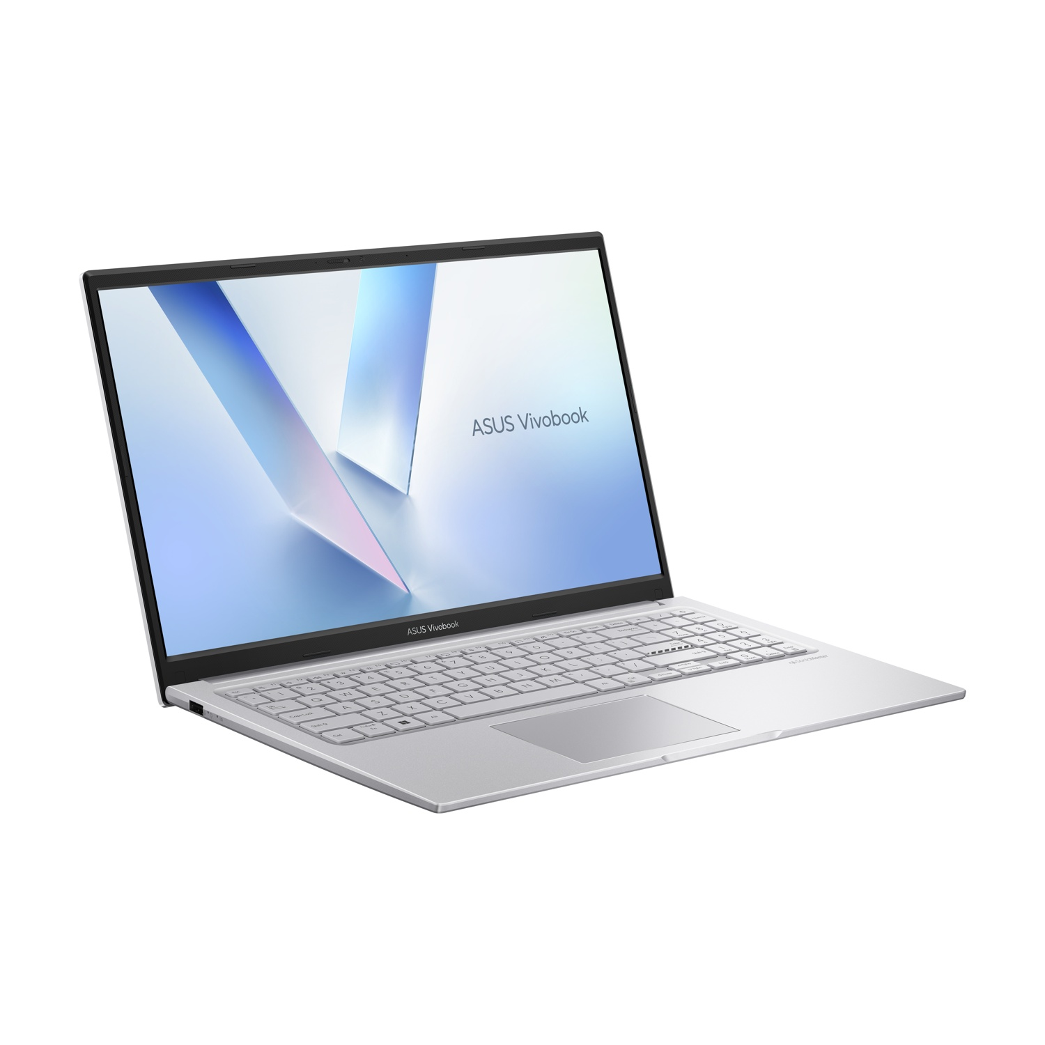Laptop ASUS Vivobook argento con schermo aperto su sfondo bianco.