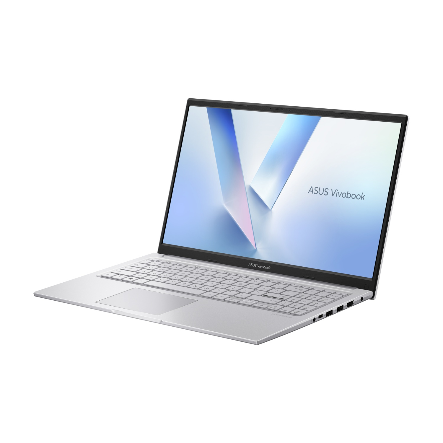 Un laptop ASUS Vivobook argento con schermo aperto che mostra un motivo a V blu su sfondo bianco.