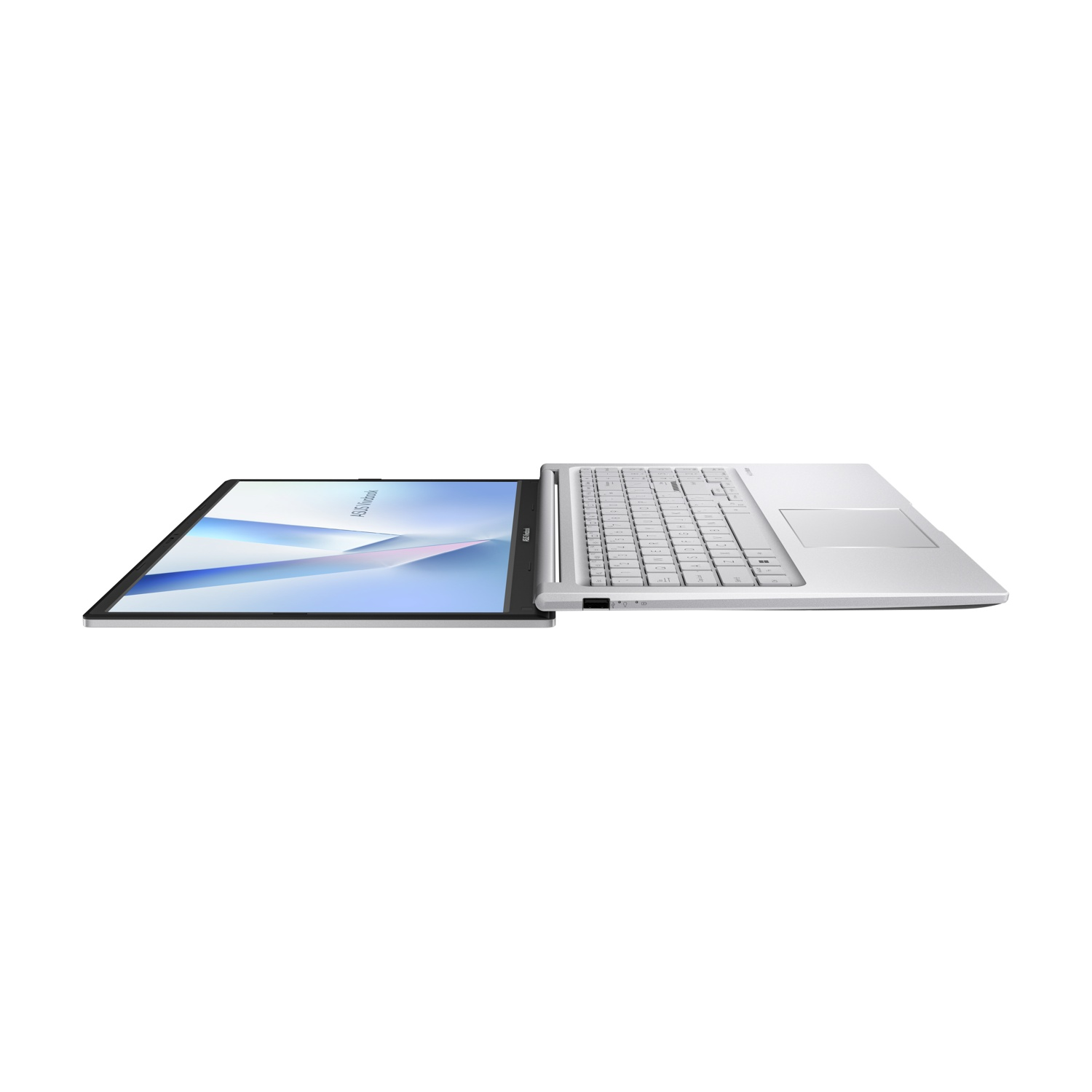 Un computer portatile argentato si apre completamente a 180 gradi, mostrando tastiera e schermo.