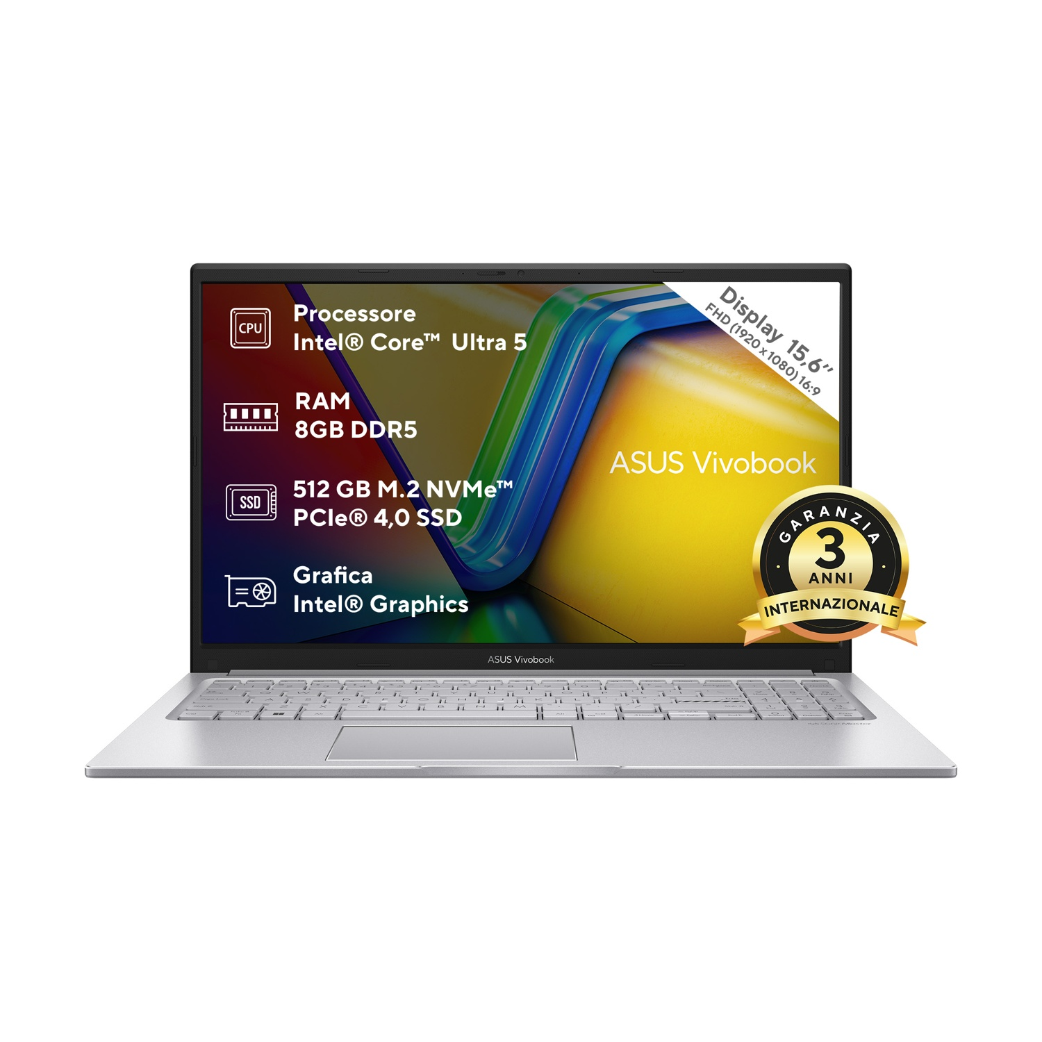 Laptop ASUS Vivobook argento con schermo da 15,6 pollici e specifiche tecniche in sovraimpressione.