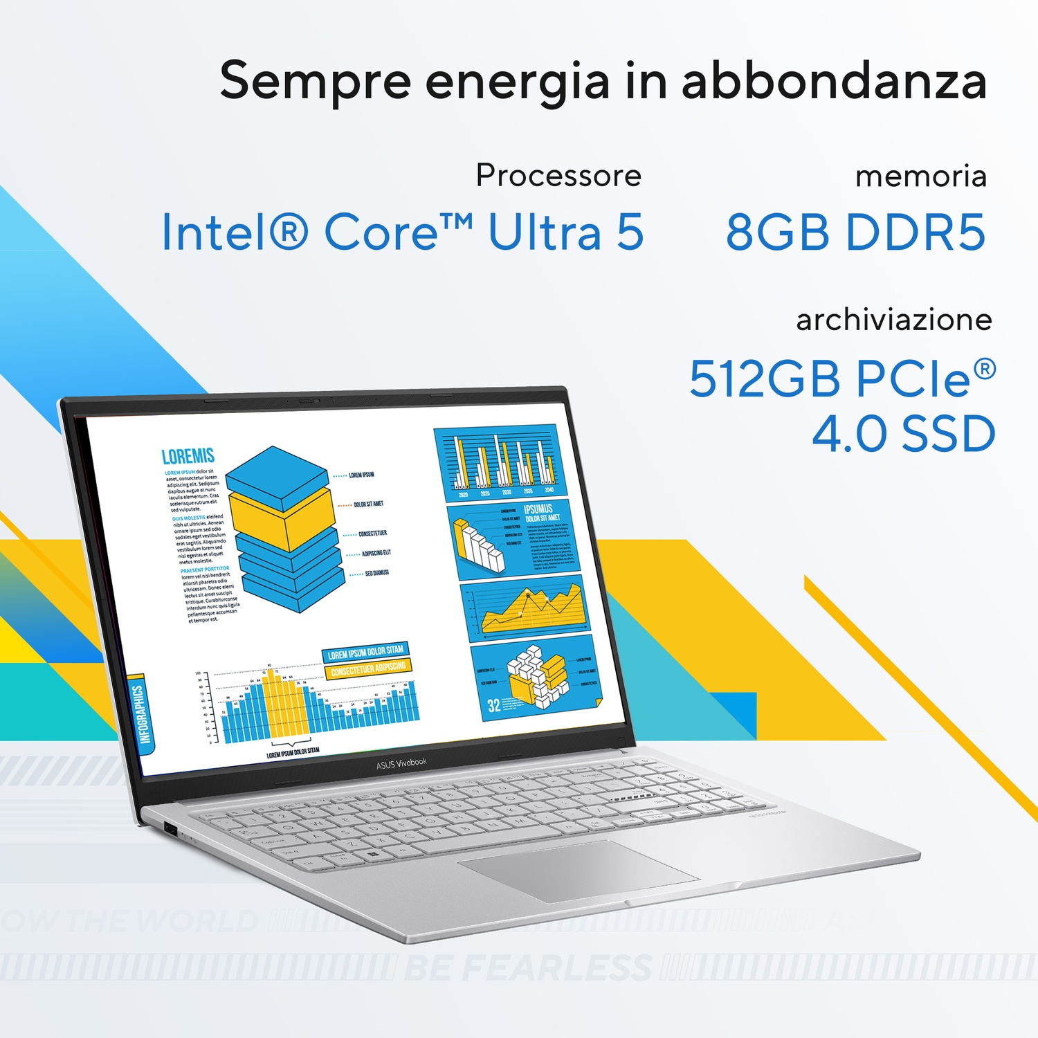 ASUS Vivobook con Core Ultra 5, 8GB RAM, 512GB SSD su sfondo colorato.