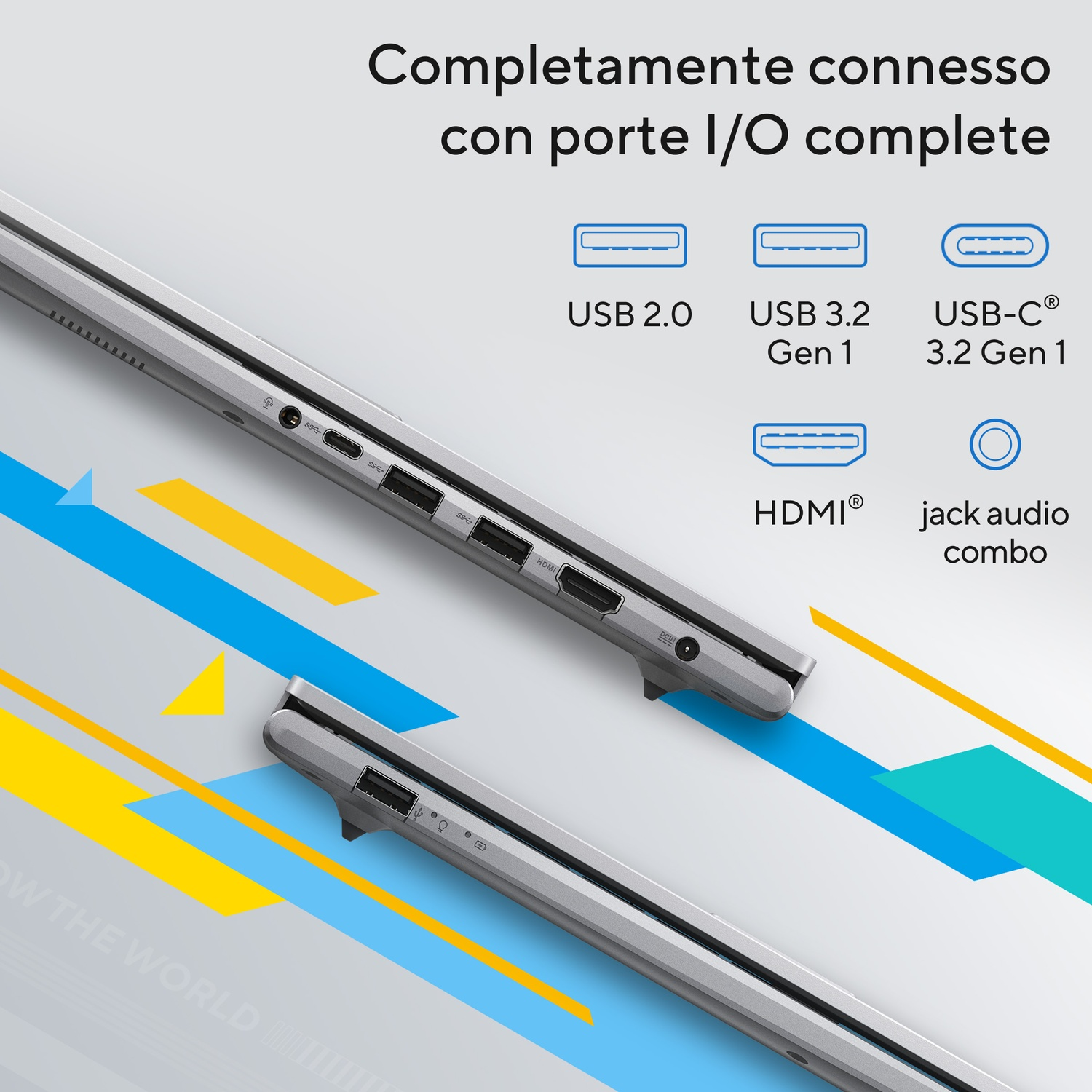 Porte I/O di un laptop con USB, HDMI e jack audio, icone blu e testo in italiano.