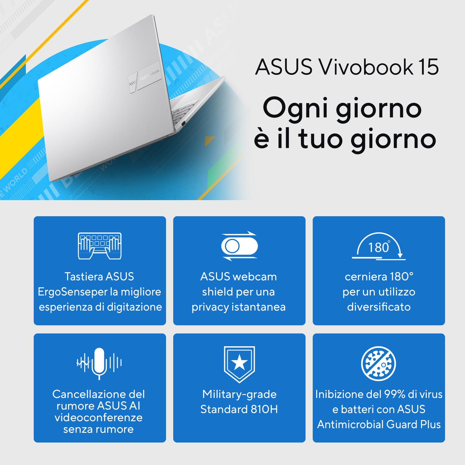 Pubblicità ASUS Vivobook 15 con notebook e sei icone blu.