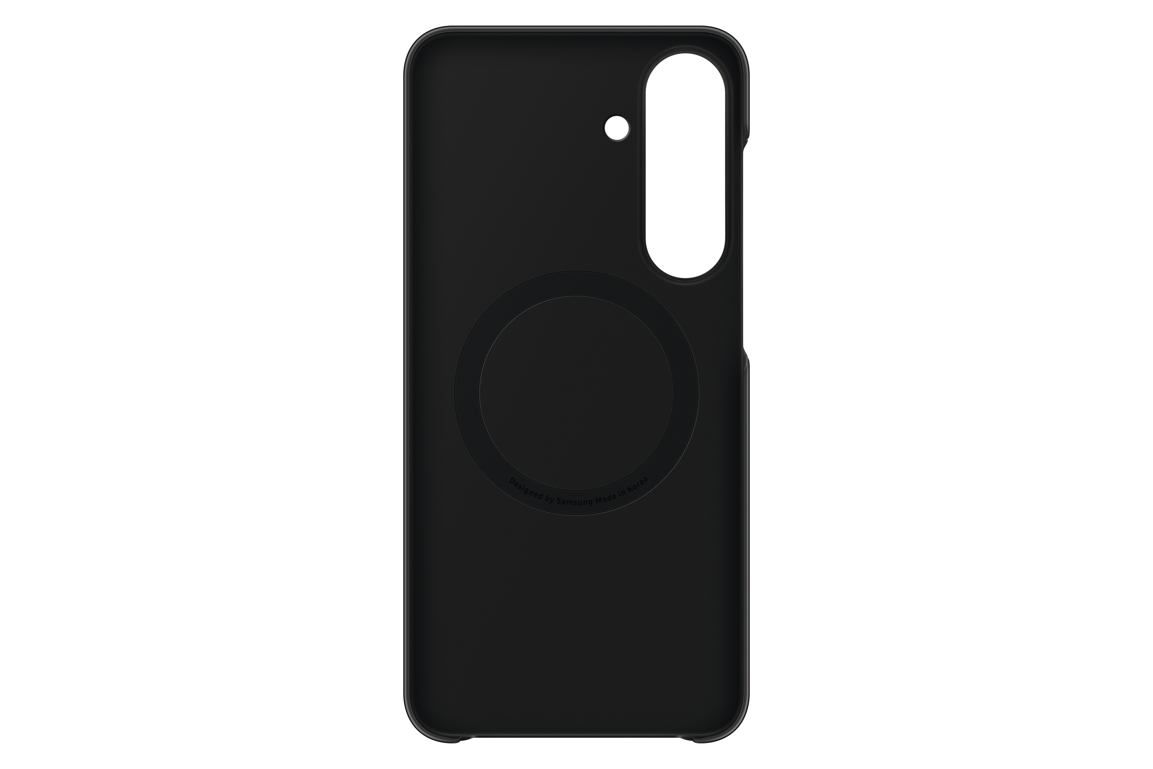 Eine schwarze Smartphone-Hülle mit Kamera-Aussparungen und einem runden MagSafe-Ring auf der Rückseite.