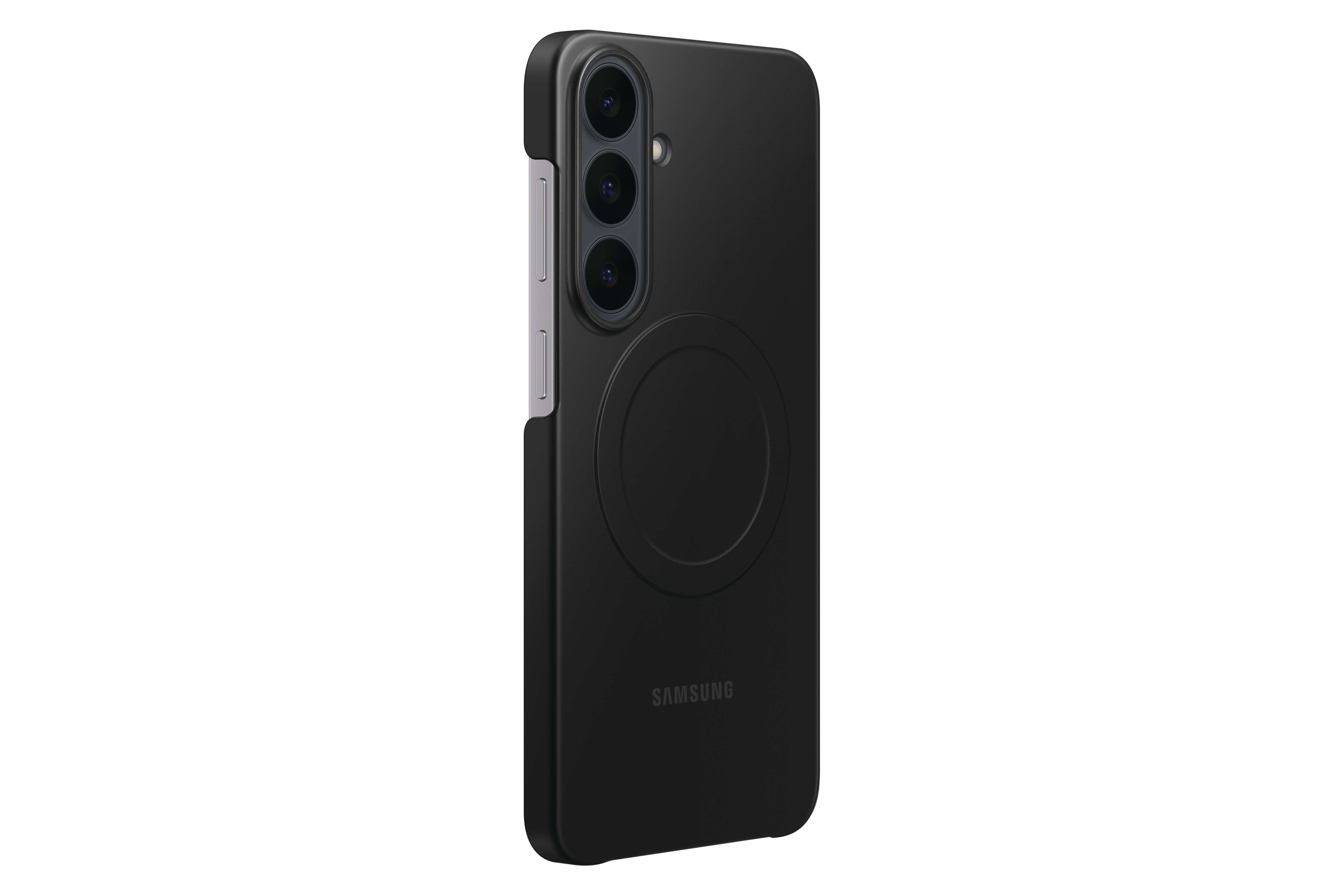 Ein schwarzes Smartphone in Schutzhülle, Rückseite mit vertikalen Kameras und kreisförmigem Magnetring.