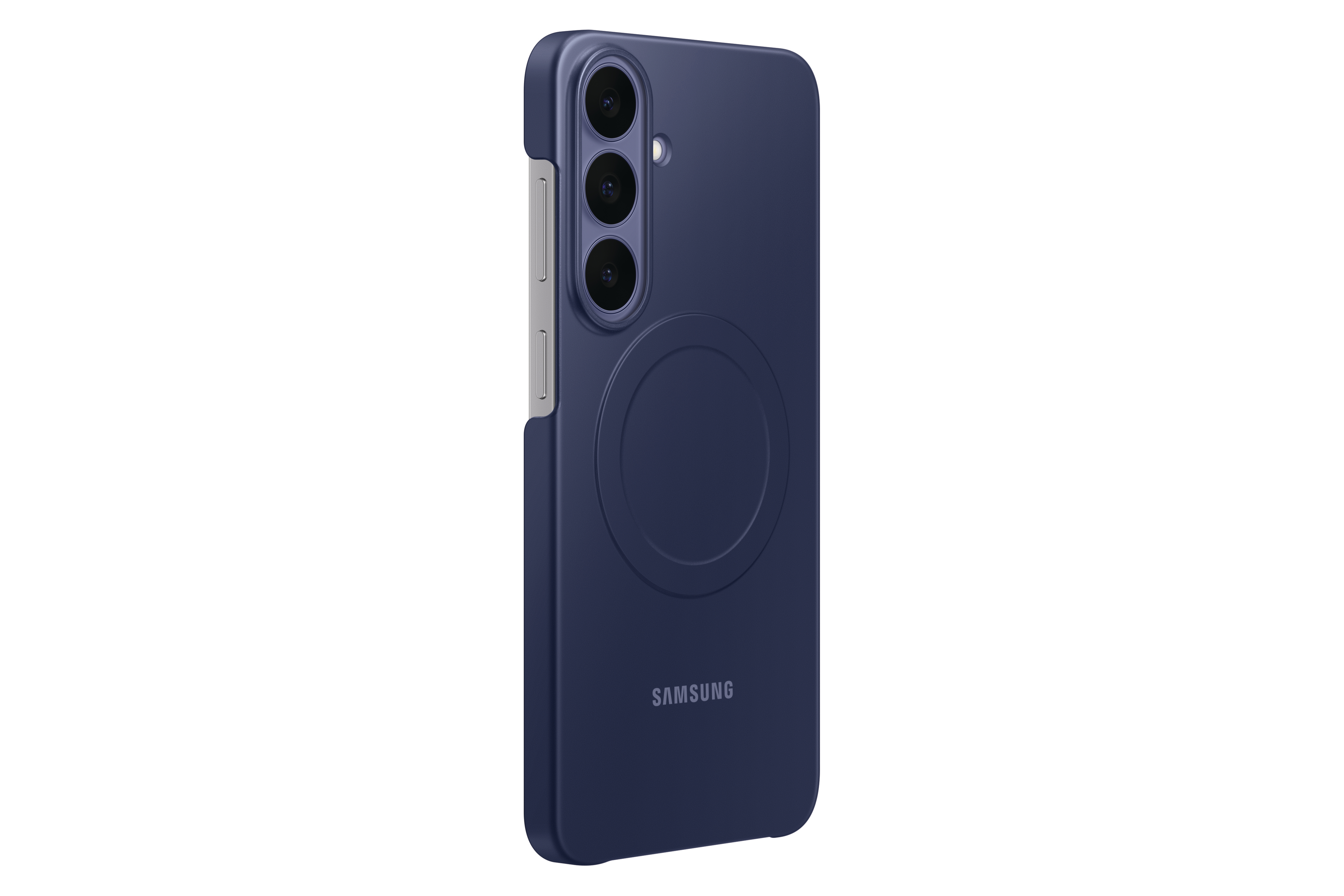 Dunkelblaue Samsung-Handyhülle auf weißem Hintergrund mit drei vertikalen Kameras und kreisförmigem Muster.