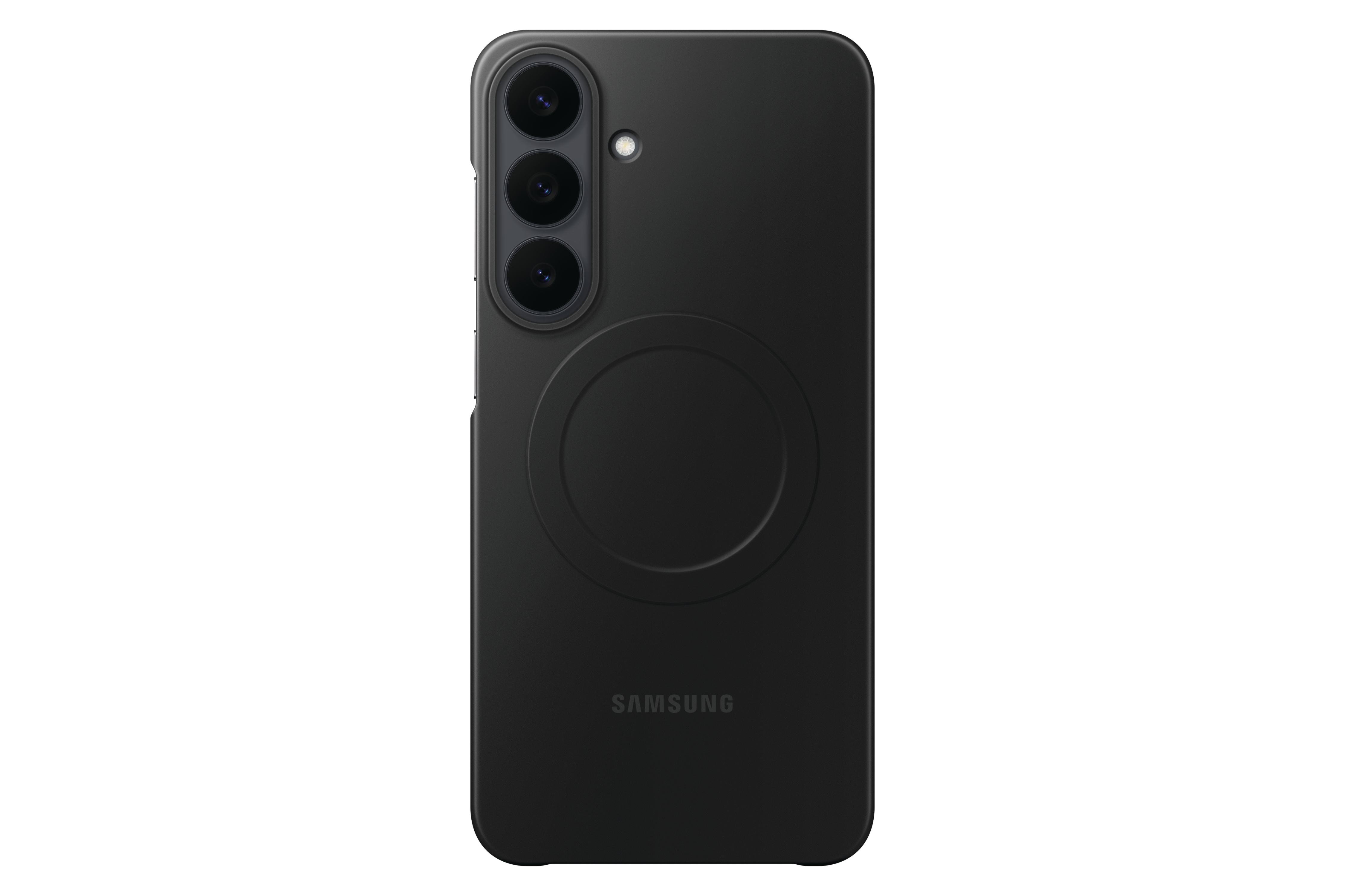 Rückseite eines schwarzen Samsung-Smartphones mit drei vertikalen Kameras und einem runden Ring.