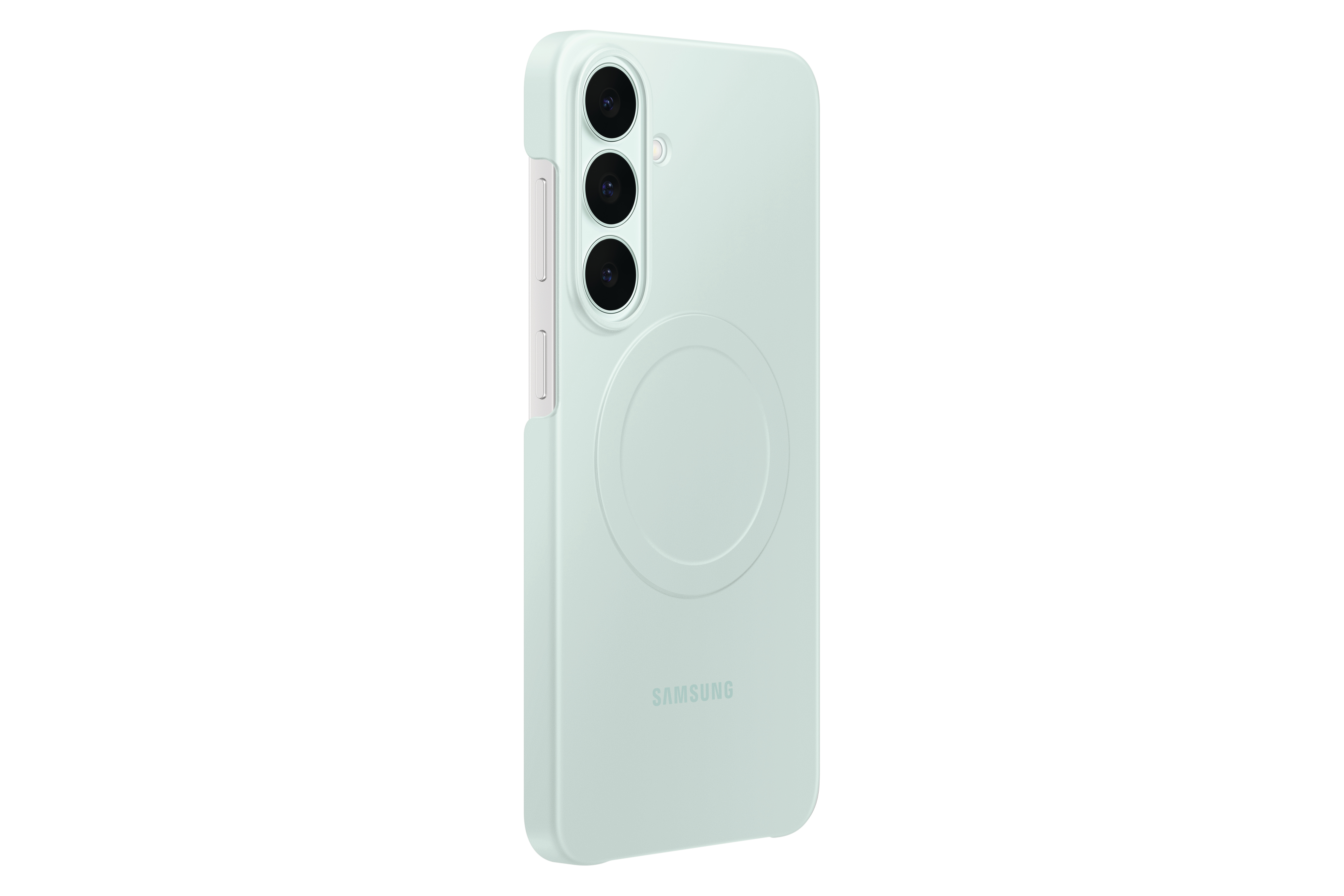 Ein hellgrünes Samsung Smartphone in einer Schutzhülle von hinten mit drei Kameraobjektiven.