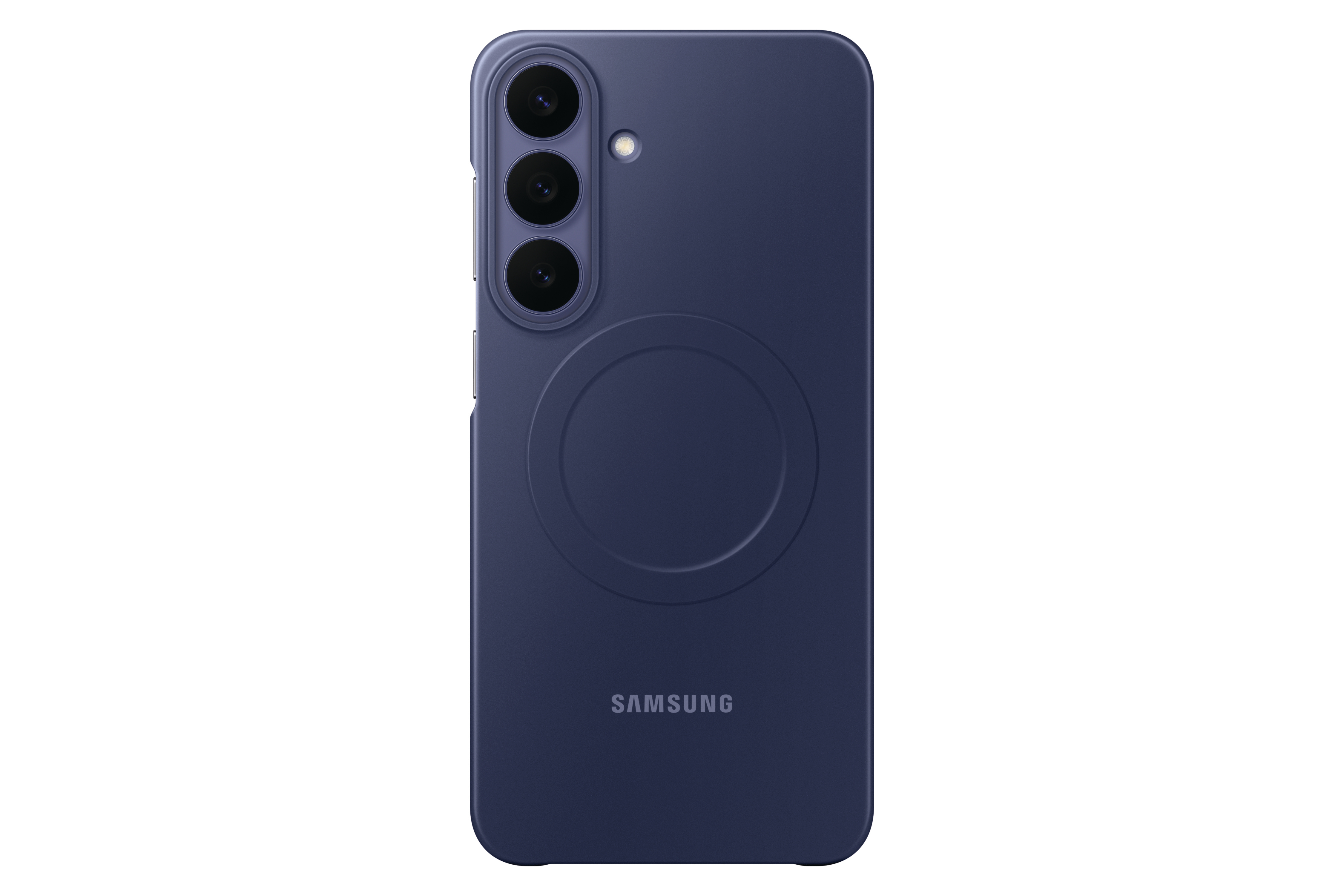 Dunkelblaue Samsung-Smartphone-Rückseite mit drei vertikalen Kameras, Blitz und Kreislogo.