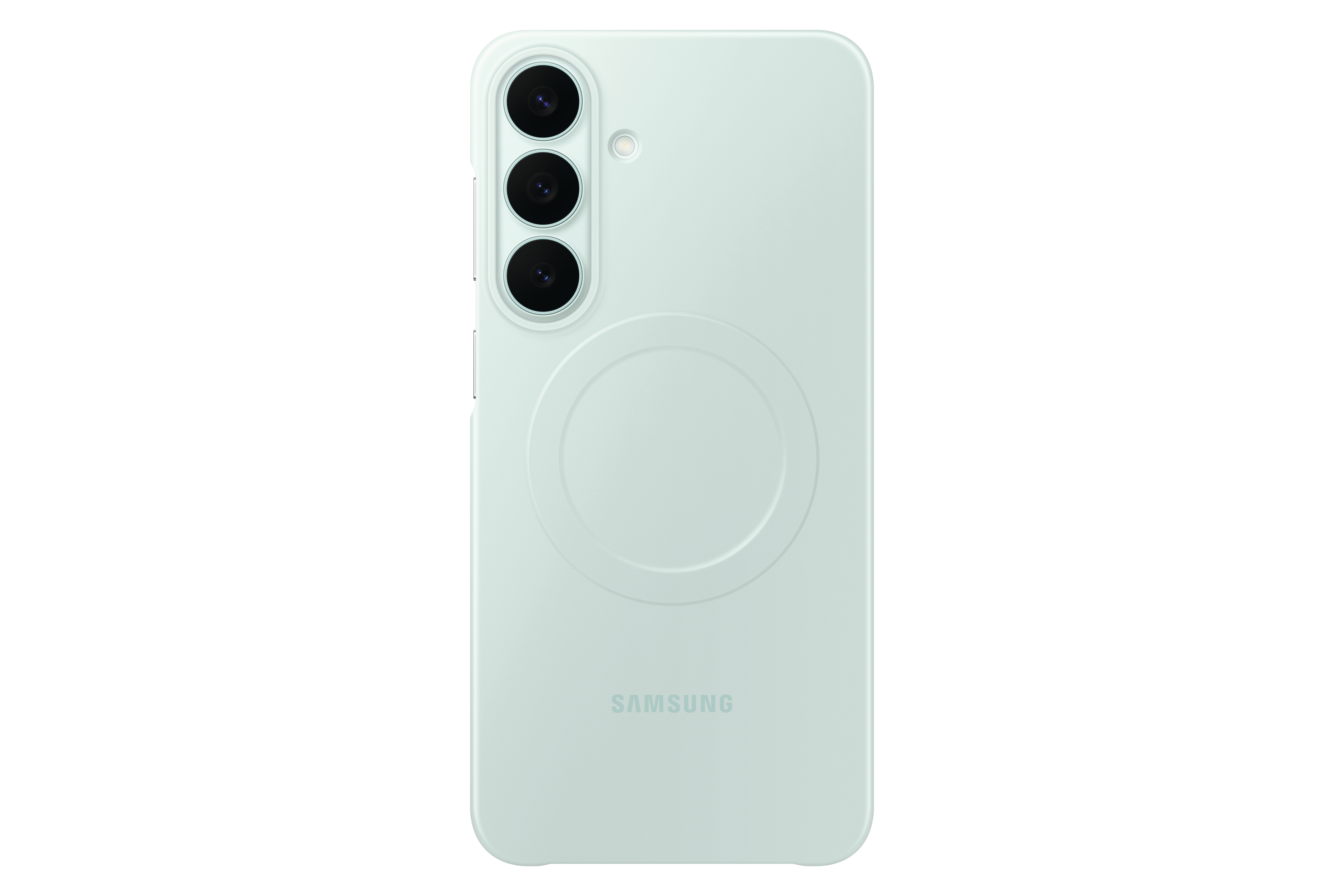 Hellgrüne Smartphone-Rückseite mit drei vertikalen Kameras und dem Samsung-Logo.
