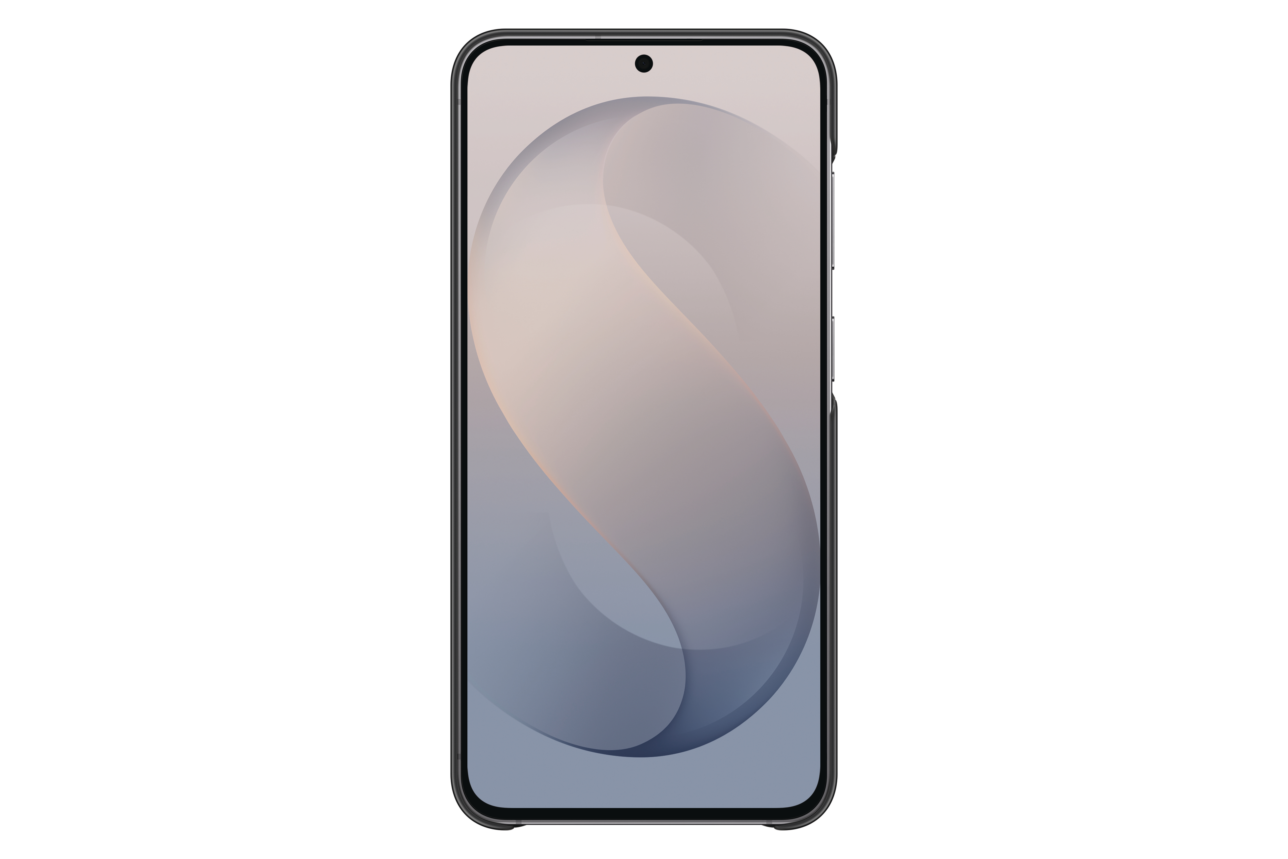 Ein Smartphone in einer Schutzhülle zeigt ein helles, geschwungenes abstraktes Muster auf dem Display vor weißem Hintergrund.