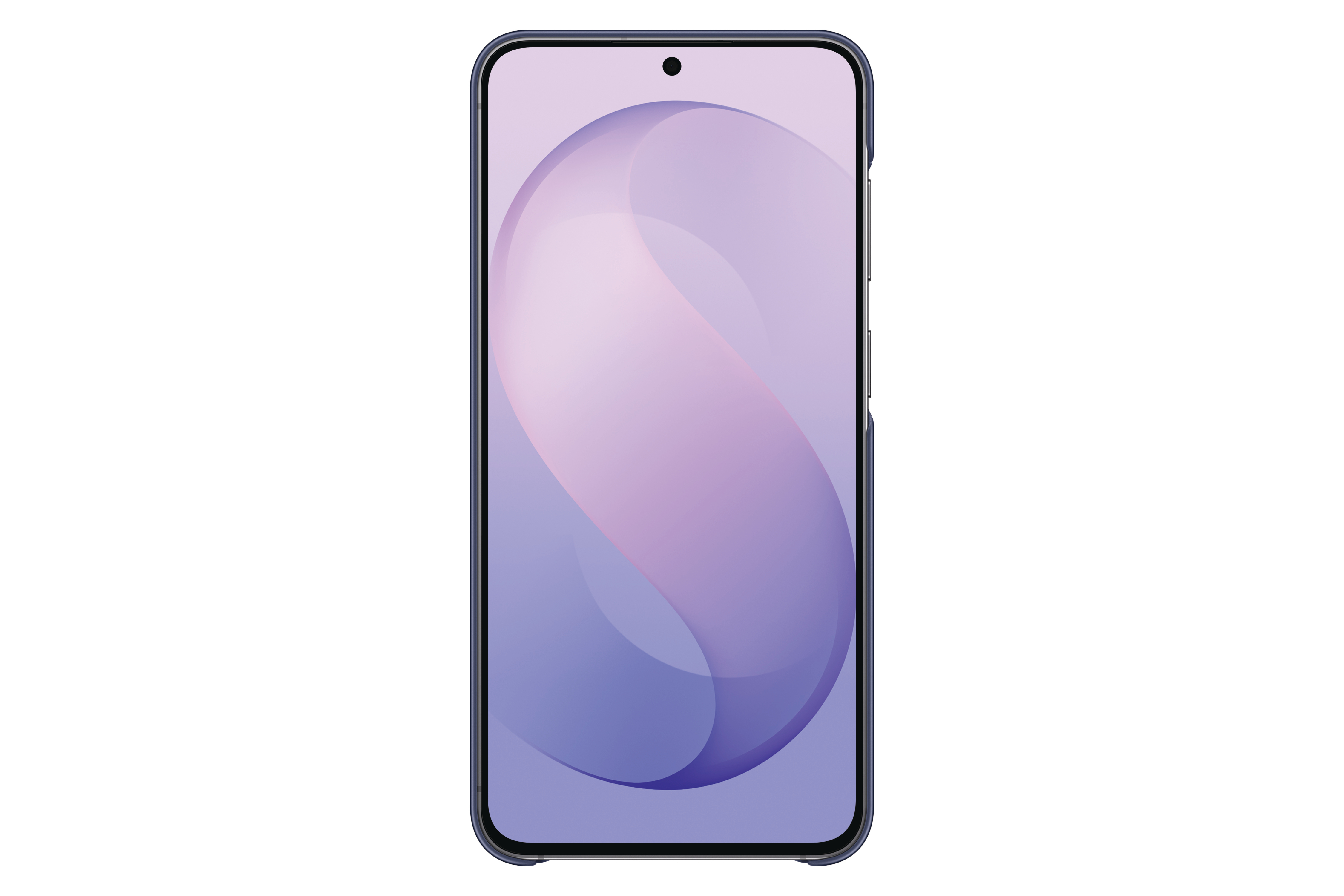 Ein Smartphone mit dunkelblauer Hülle zeigt ein weiches, violettes abstraktes Hintergrundbild.