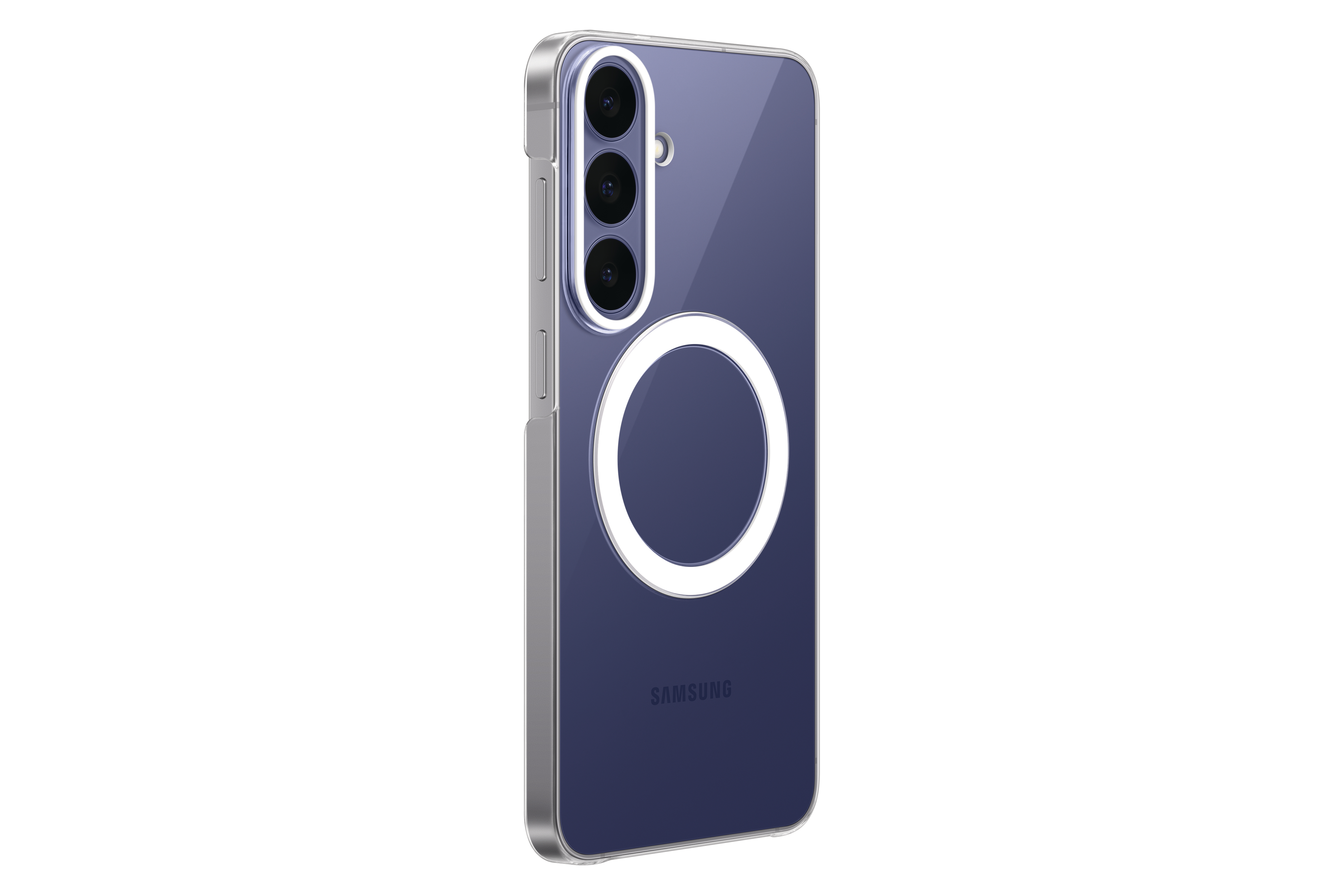 Rückansicht eines violetten Samsung-Smartphones mit transparenter Schutzhülle und einem weißen runden Magnetsymbol.