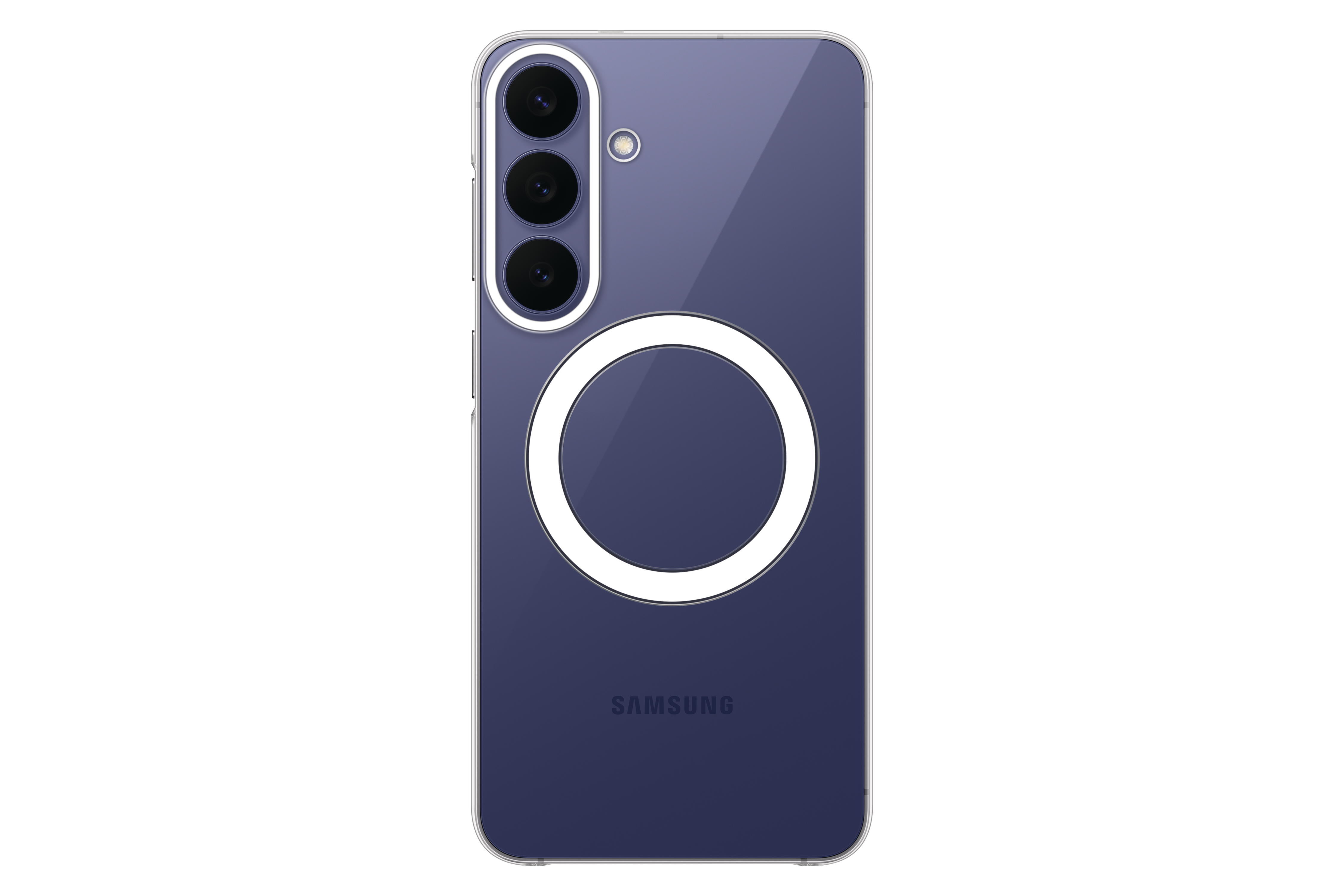 Rückseite eines blauen Samsung-Smartphones mit transparenter Schutzhülle, drei vertikalen Kameras und weißem MagSafe-Ring.