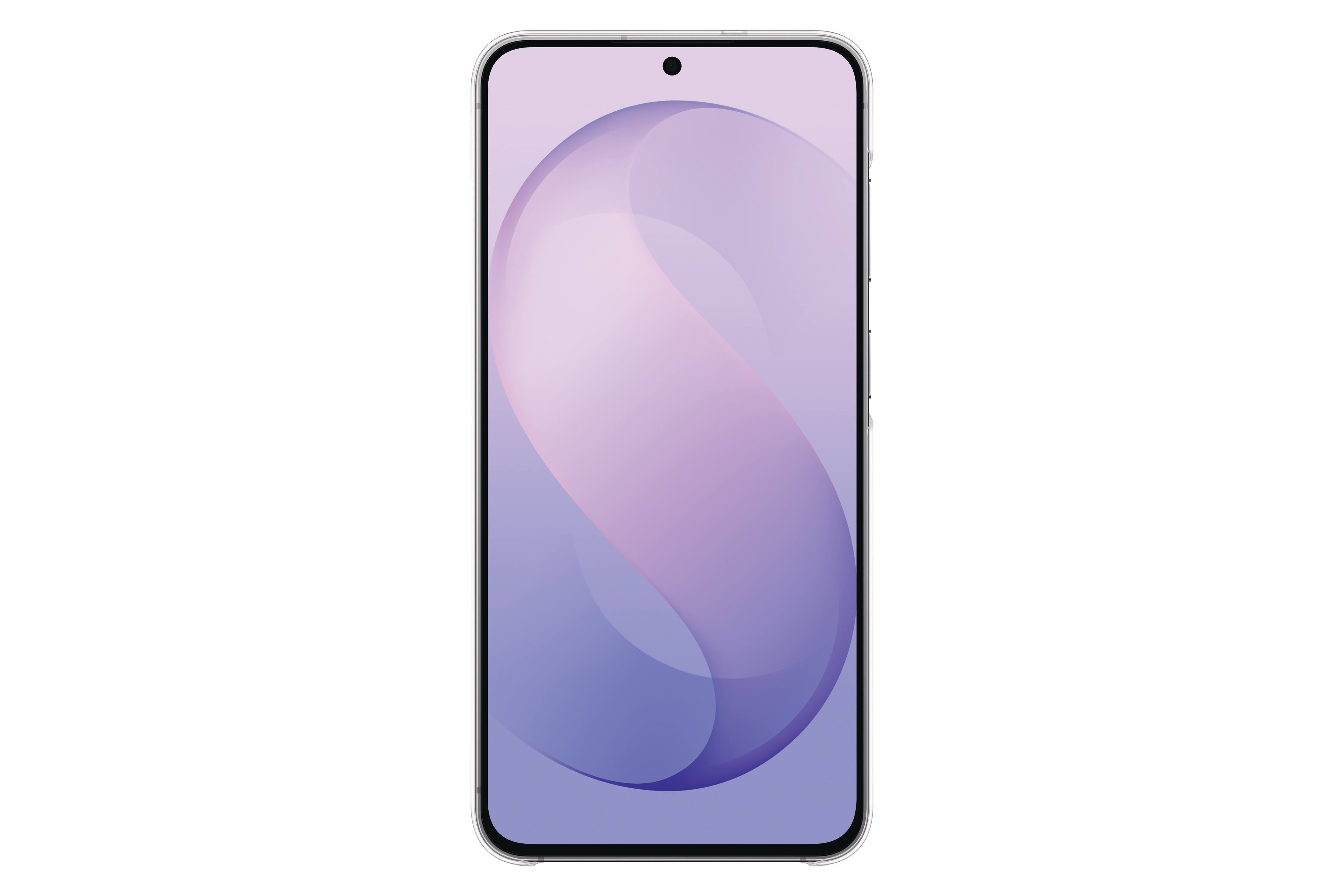 Ein Smartphone mit dünnem Rahmen zeigt ein abstraktes, geschwungenes lila Muster auf dem Bildschirm vor weißem Hintergrund.