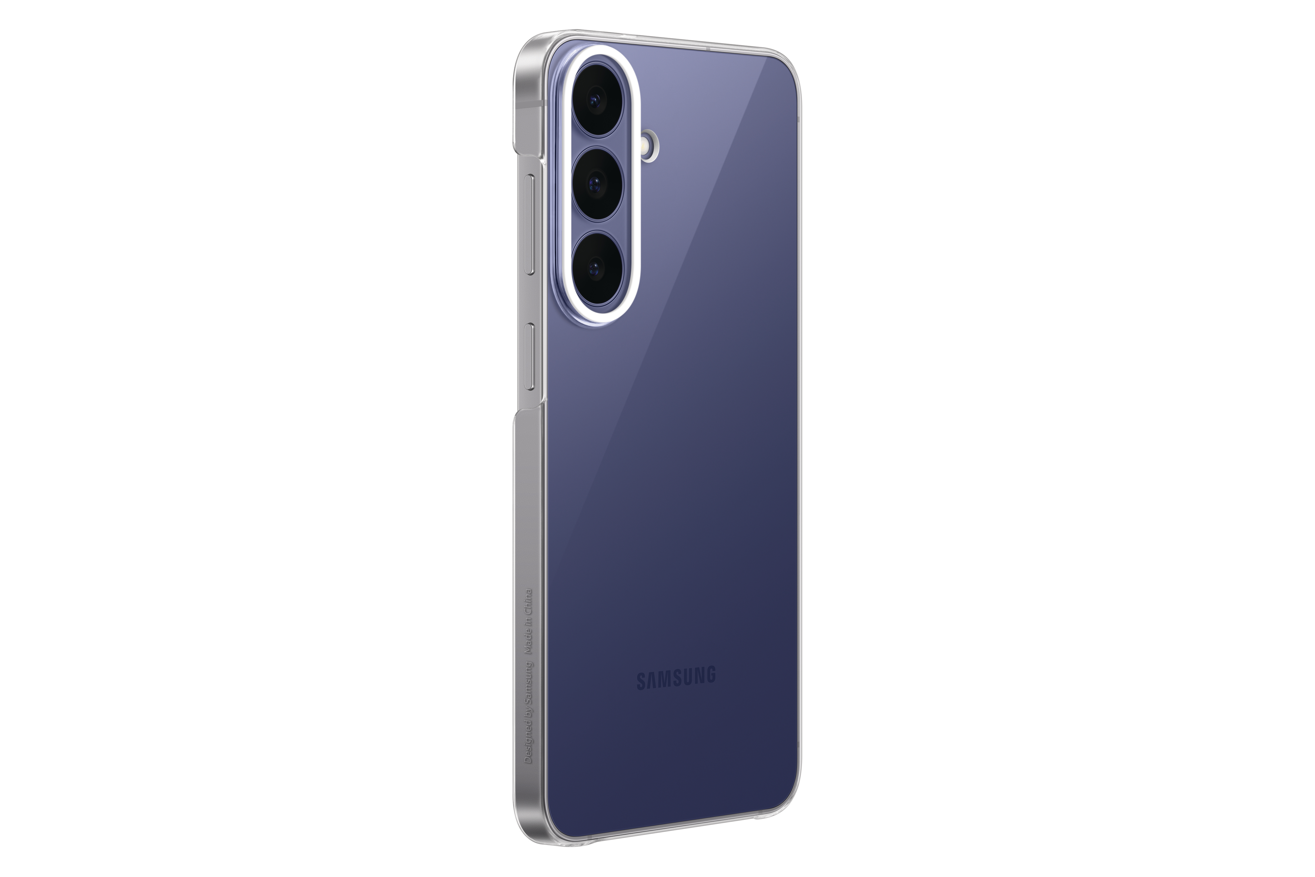 Rückseite eines blauen Samsung-Smartphones mit dreifacher Kamera und durchsichtiger Hülle.