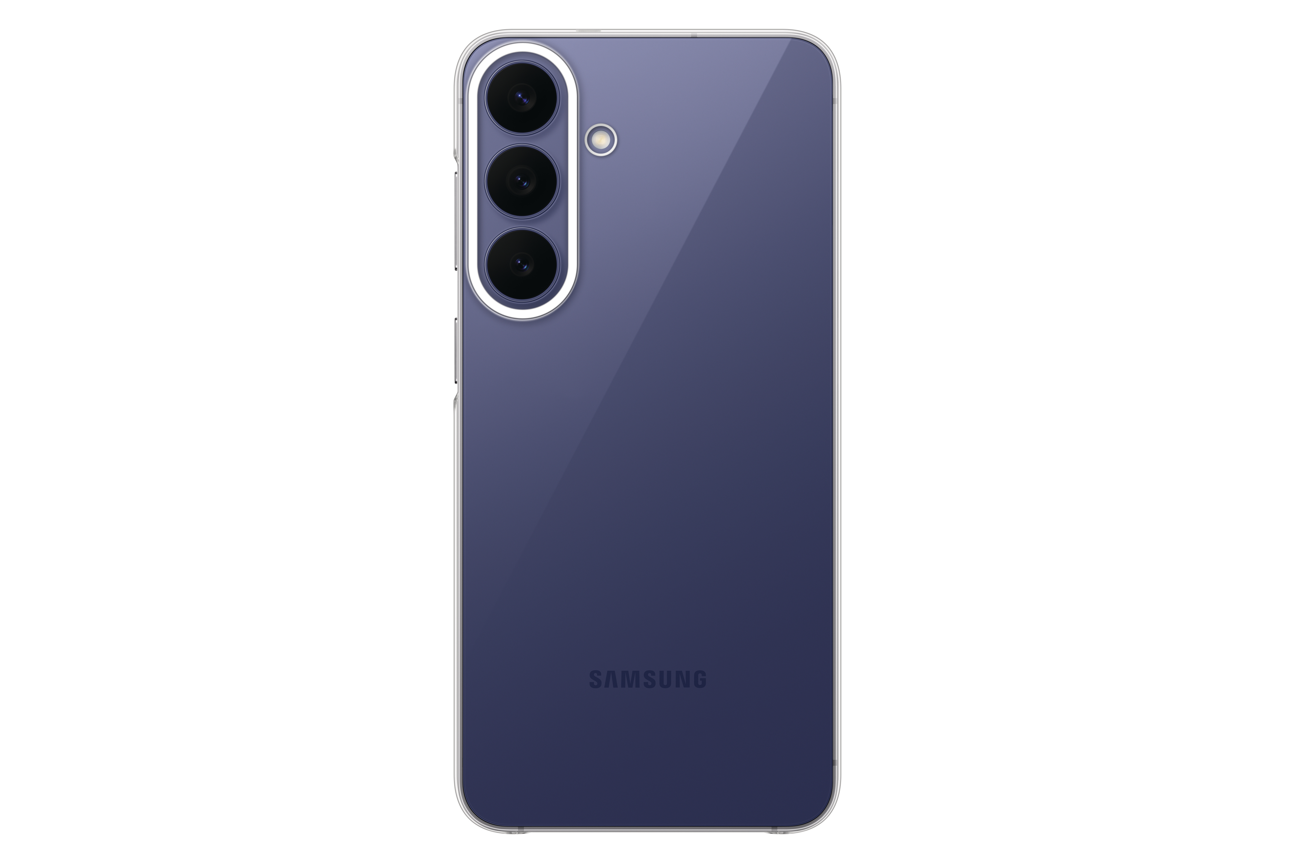 Rückseite eines blauen Samsung-Smartphones in einer transparenten Hülle mit drei senkrechten Kameras.