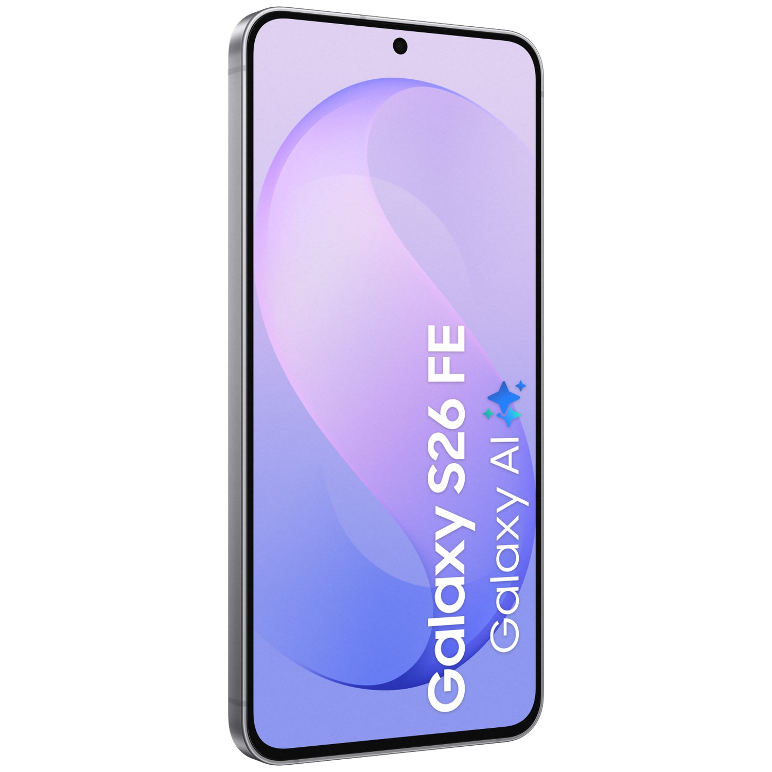 Een zilveren smartphone met lichtpaars scherm met de tekst 'Galaxy S26 FE' tegen een witte achtergrond.