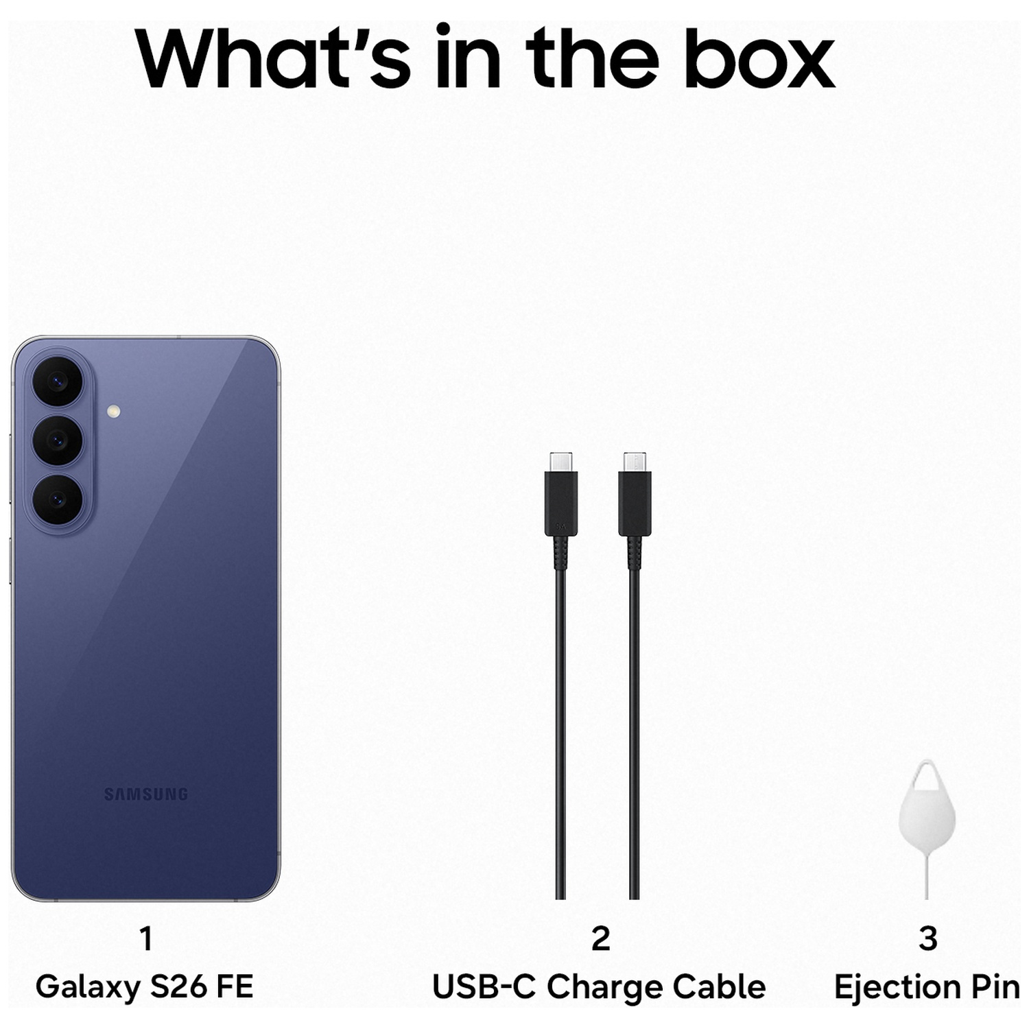Wat zit er in de doos: Galaxy S26 FE, USB-C oplaadkabel en sim-tool.