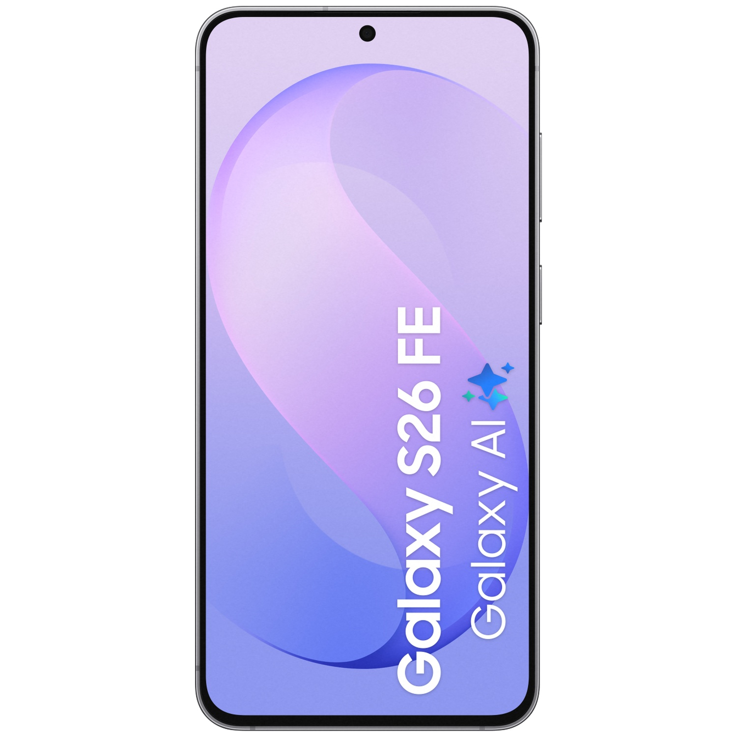 Vooraanzicht van een smartphone met een paars scherm en de tekst Galaxy S26 FE Galaxy AI.