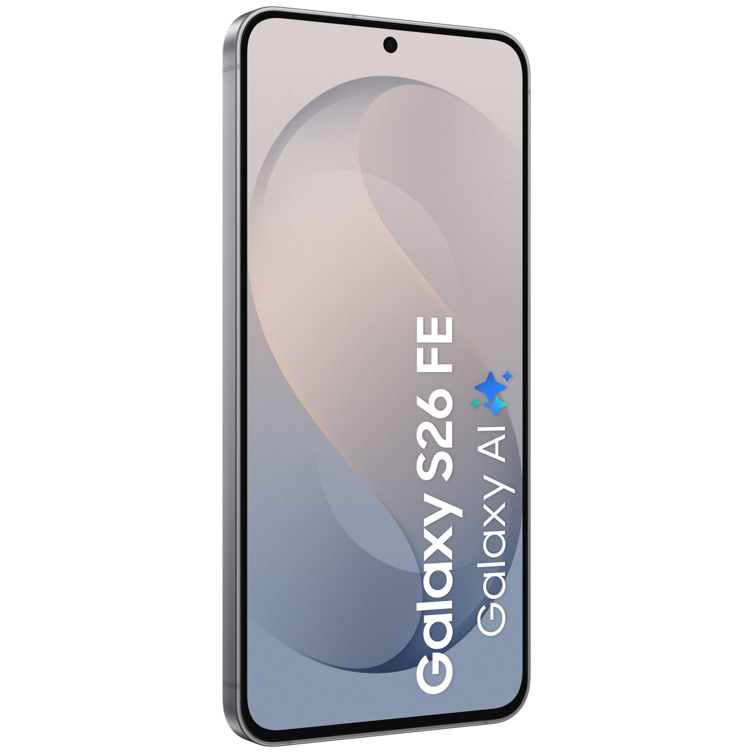 Een Galaxy S26 FE-smartphone met een abstracte achtergrond en Galaxy AI-tekst op het scherm.