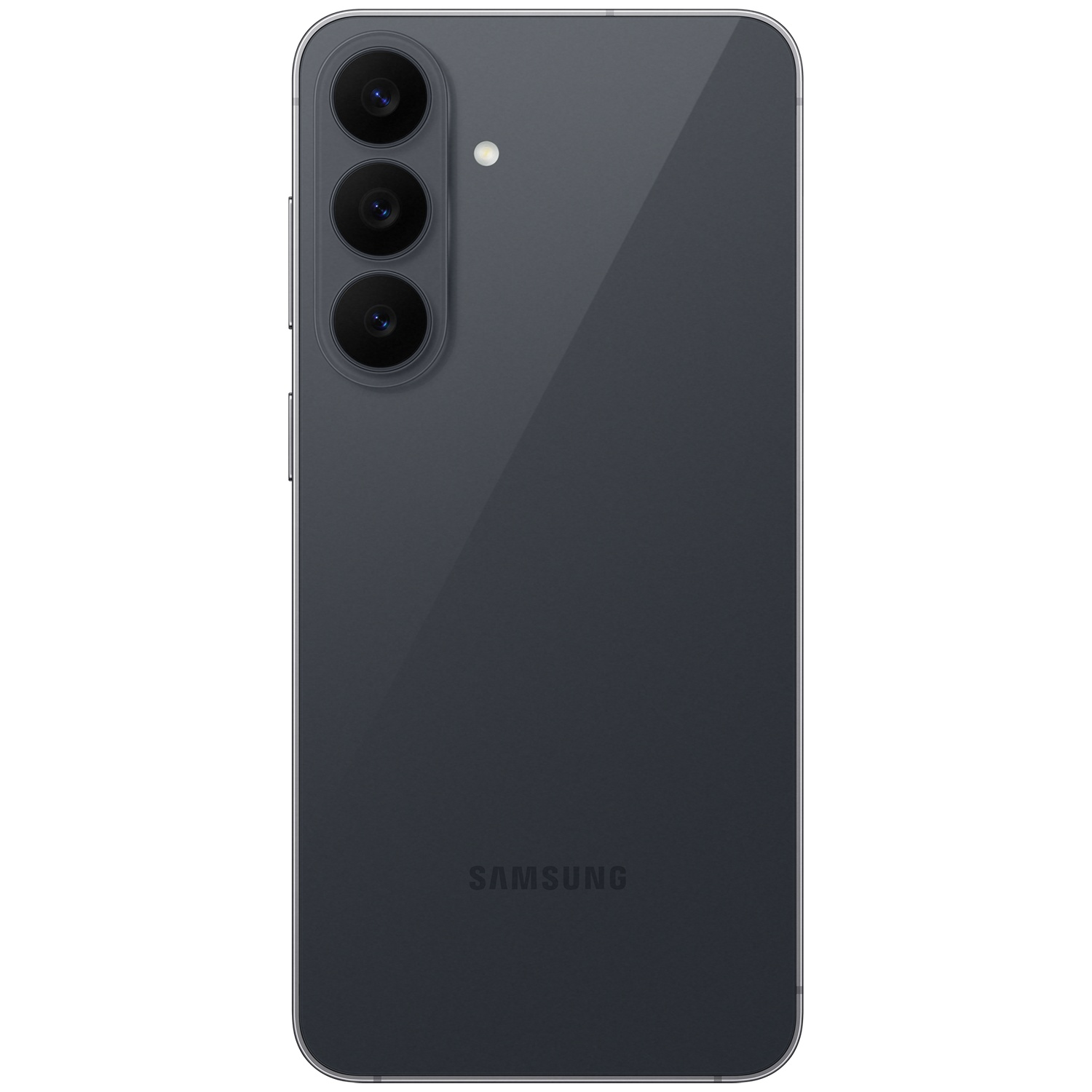 Donkergrijze achterkant van een Samsung-smartphone met drie verticale camera's en flitser.