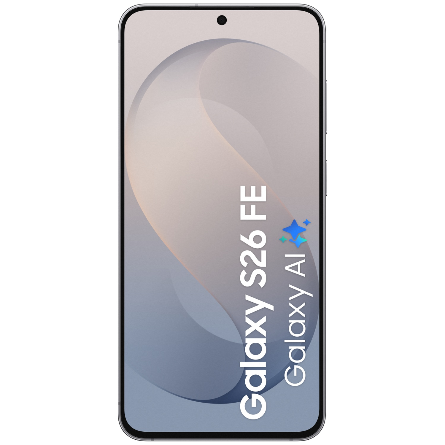 Smartphone met lichte achtergrond en tekst Galaxy S26 FE Galaxy AI op scherm.