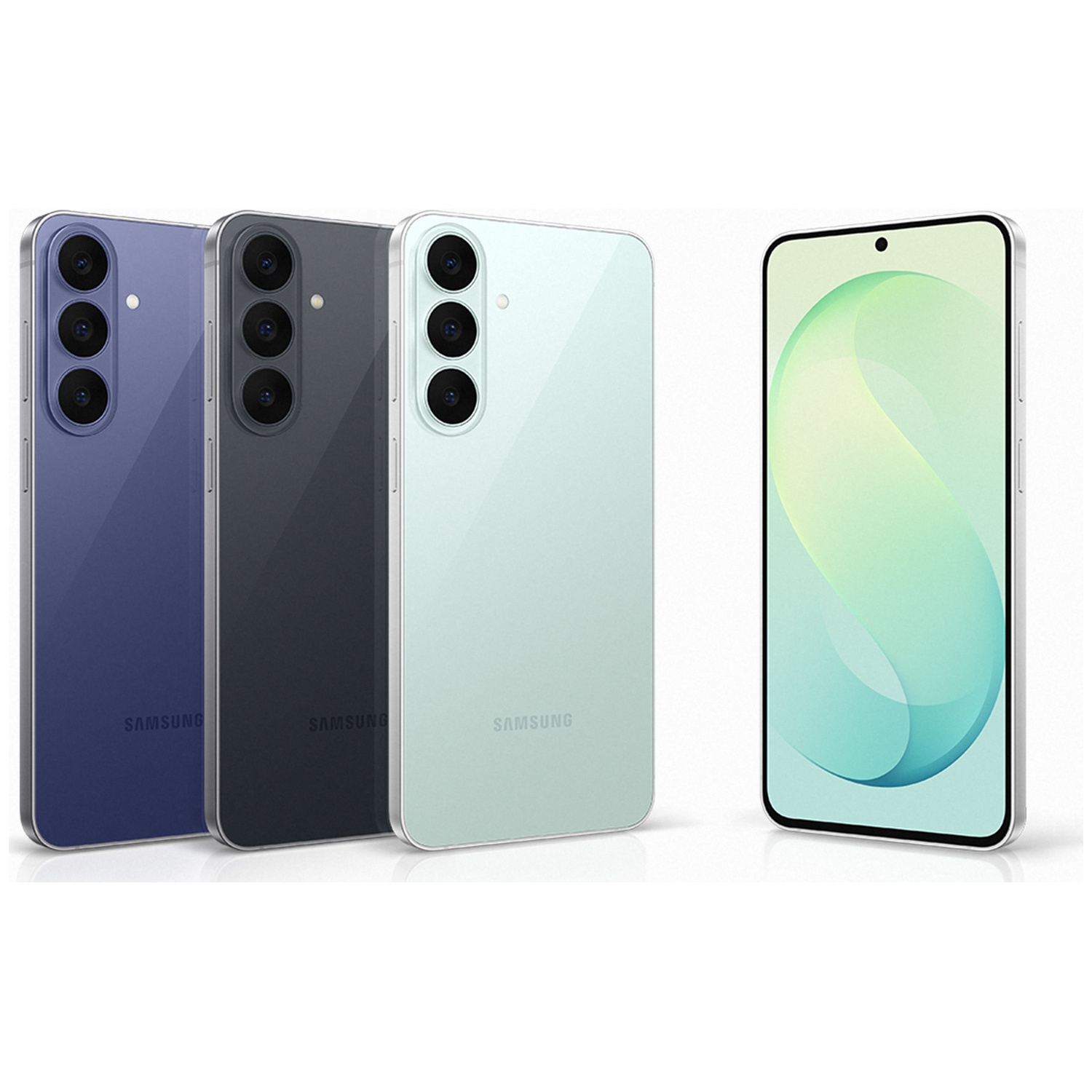 Vier Samsung-smartphones in verschillende kleuren: blauw, donkergrijs, lichtgroen en één naar voren met actief scherm.