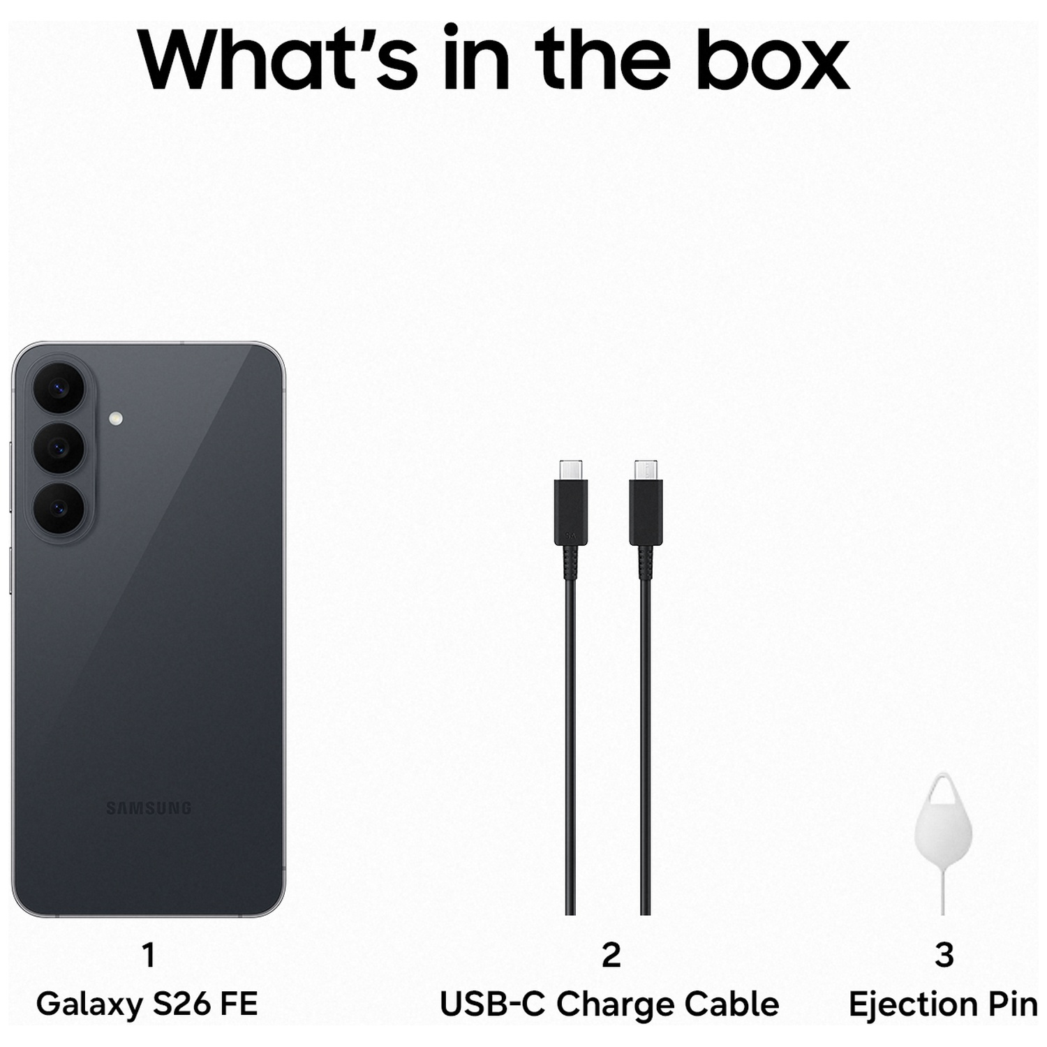 Wat zit er in de doos: Een smartphone, een USB-C oplaadkabel en een simkaartprikker.
