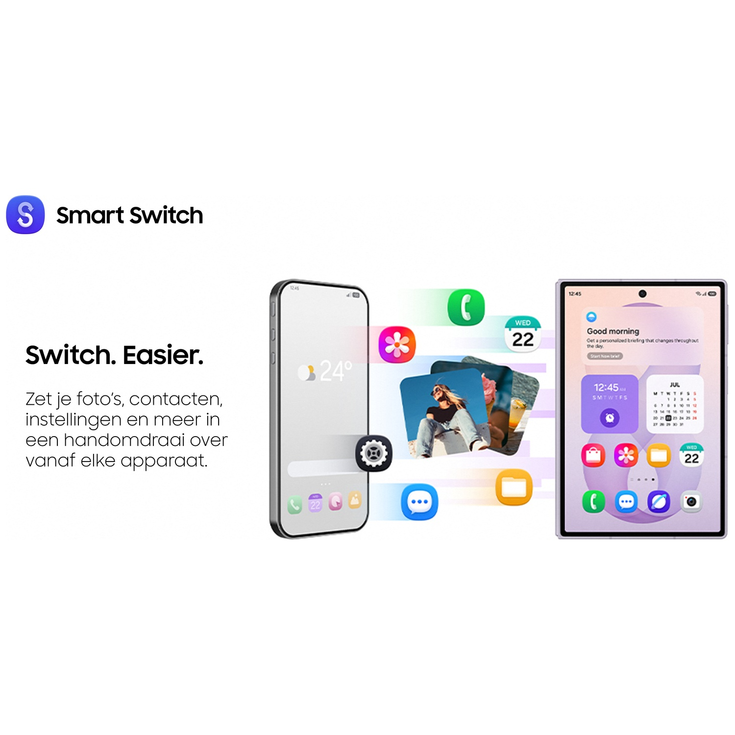 Smart Switch illustratie toont gegevensoverdracht van een smartphone naar een tablet met apps.