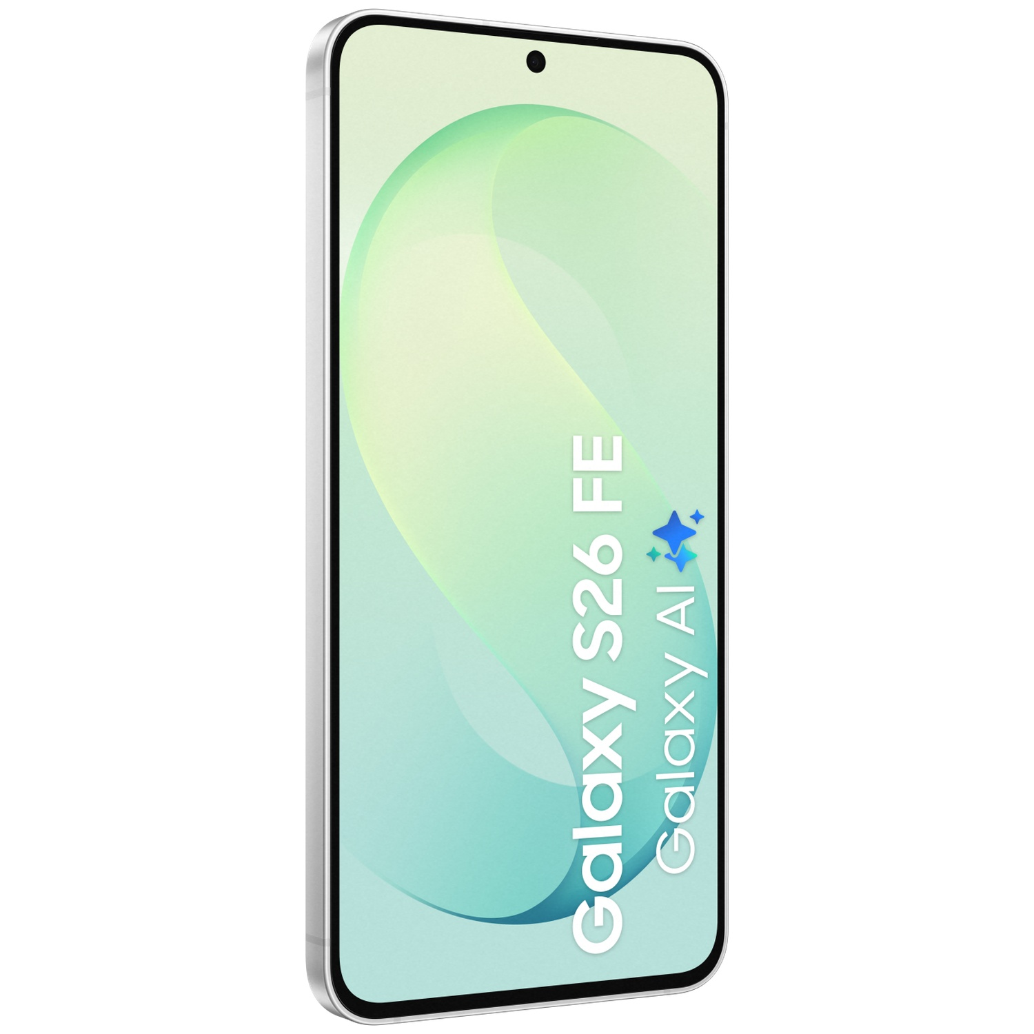 Een witte smartphone met een groene abstracte golfgraphic en de tekst Galaxy S26 FE.