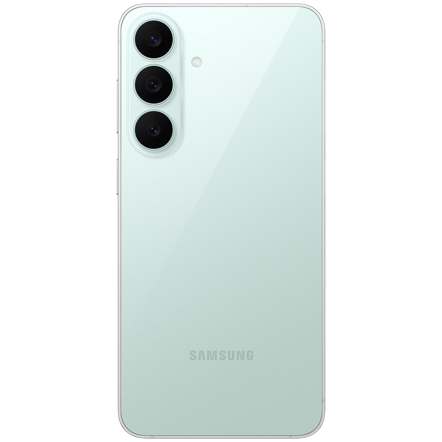 Achterkant van een lichtgroene Samsung-smartphone met drie verticale camera's en flitser.