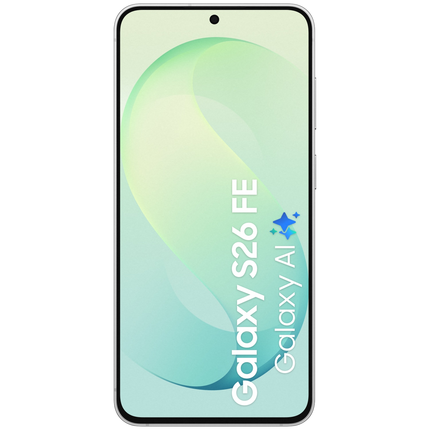 Een Galaxy S26 FE smartphone met groene achtergrond en tekst.