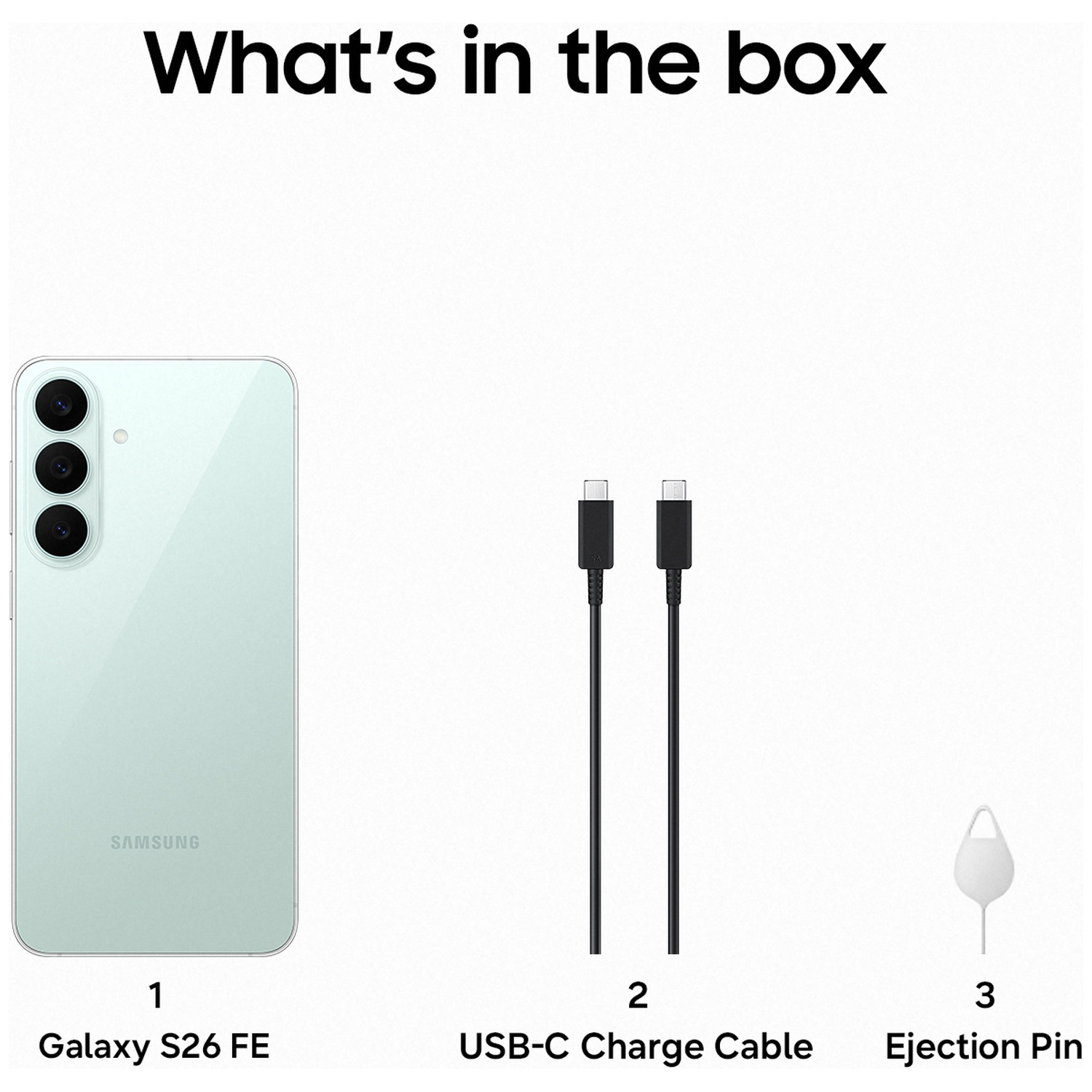 Inhoud van de doos: Galaxy S26 FE, USB-C oplaadkabel en uitwerppin.
