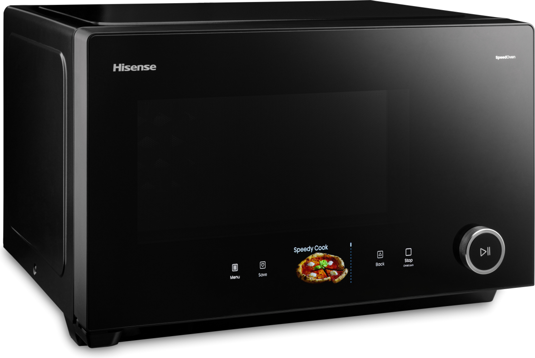 Schwarze Hisense Mikrowelle mit digitalem Display, Touch-Tasten und einem runden Drehregler.