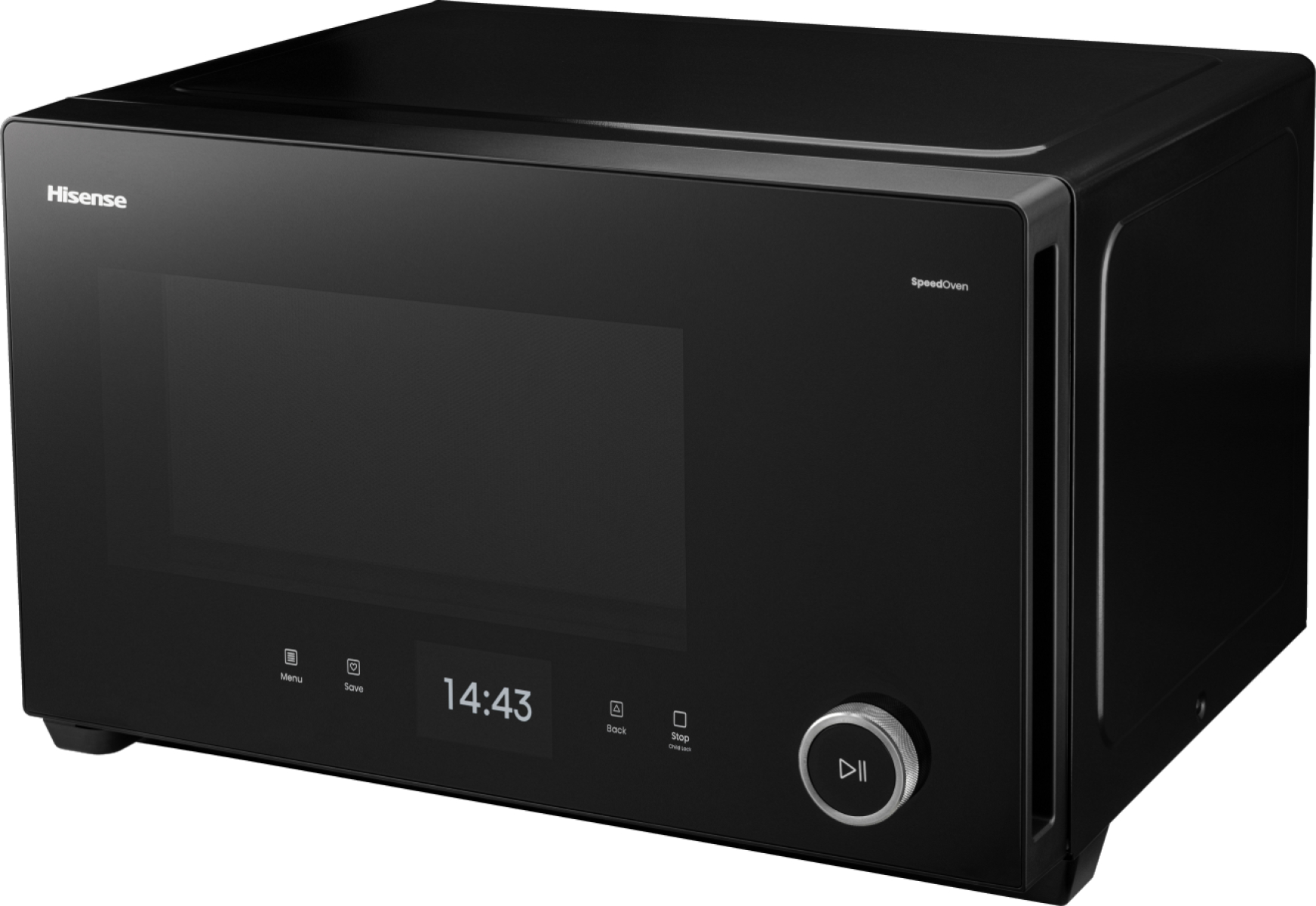 Schwarze Hisense Mikrowelle mit digitalem Display und Drehregler auf einer weißen Oberfläche.