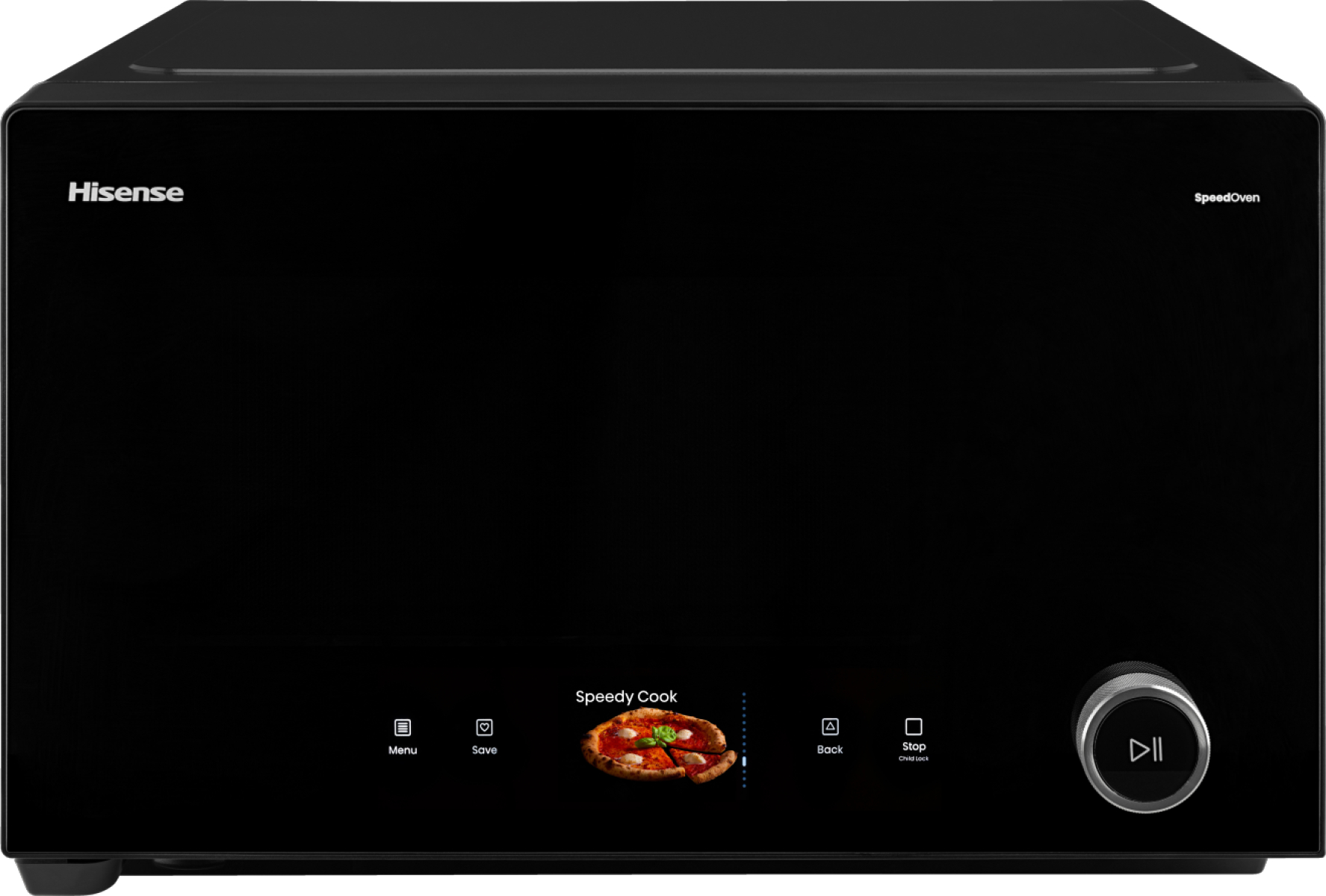 Ein schwarzer Hisense SpeedOven mit Display für Speedy Cook und Pizza, sowie einem silbernen Drehregler.