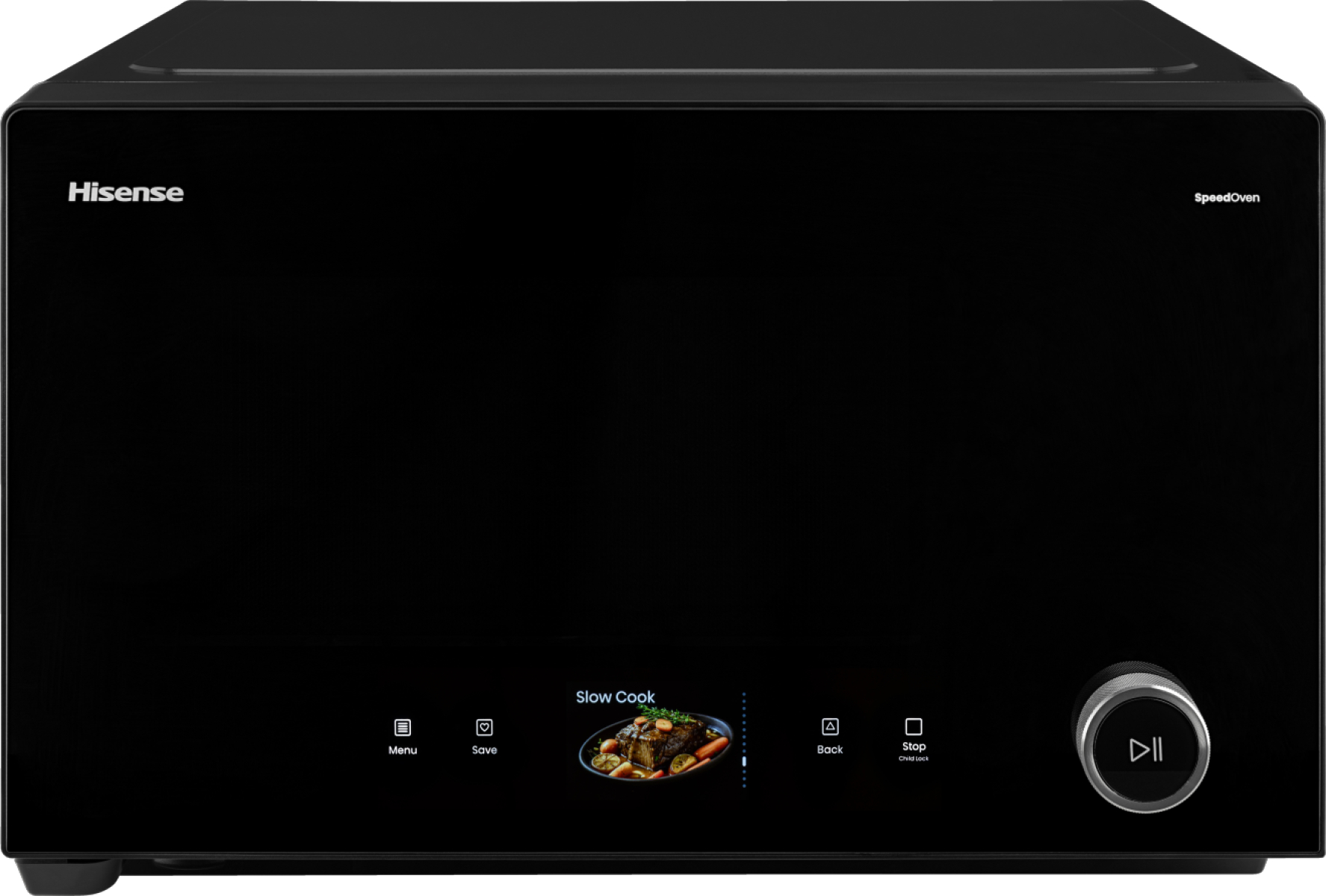 Ein schwarzer Hisense SpeedOven mit digitalem Touch-Display und Drehknopf unten.