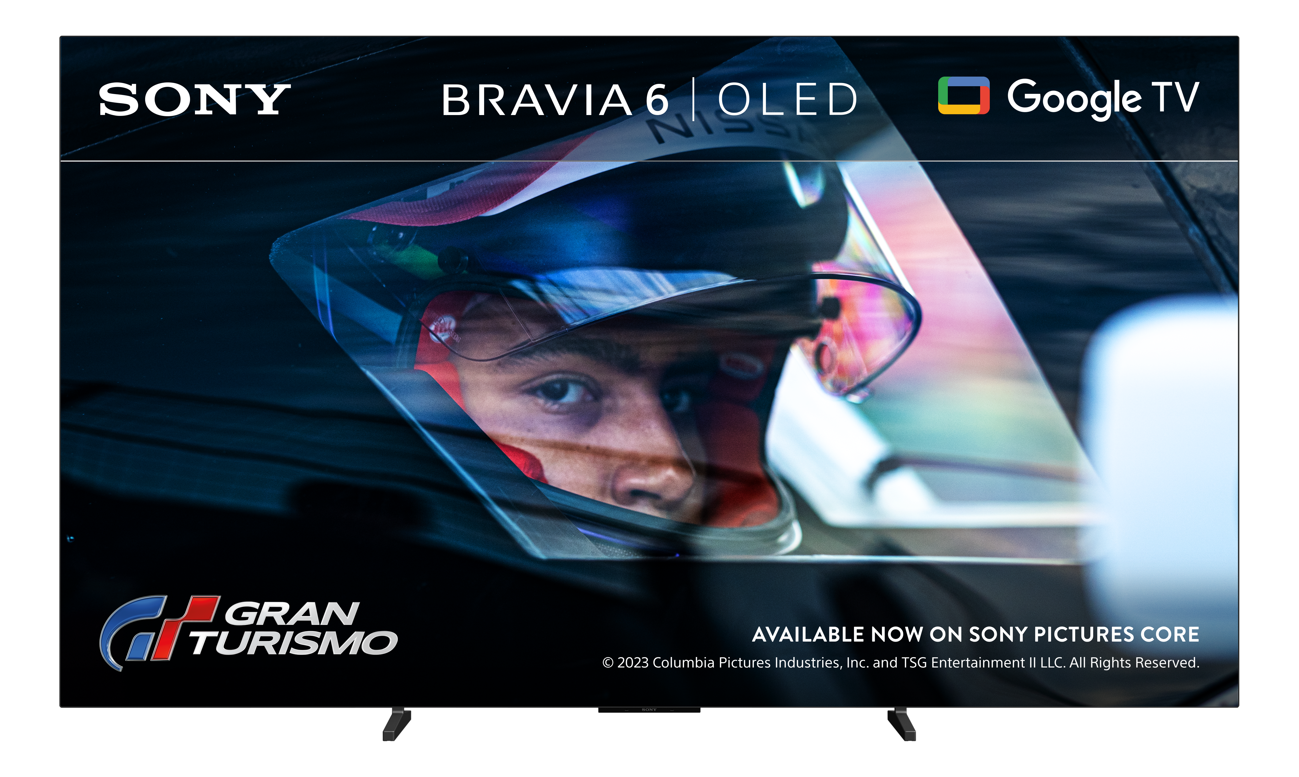 TV OLED Sony Bravia 6 che mostra un pilota con casco, marchi Gran Turismo e Google TV.