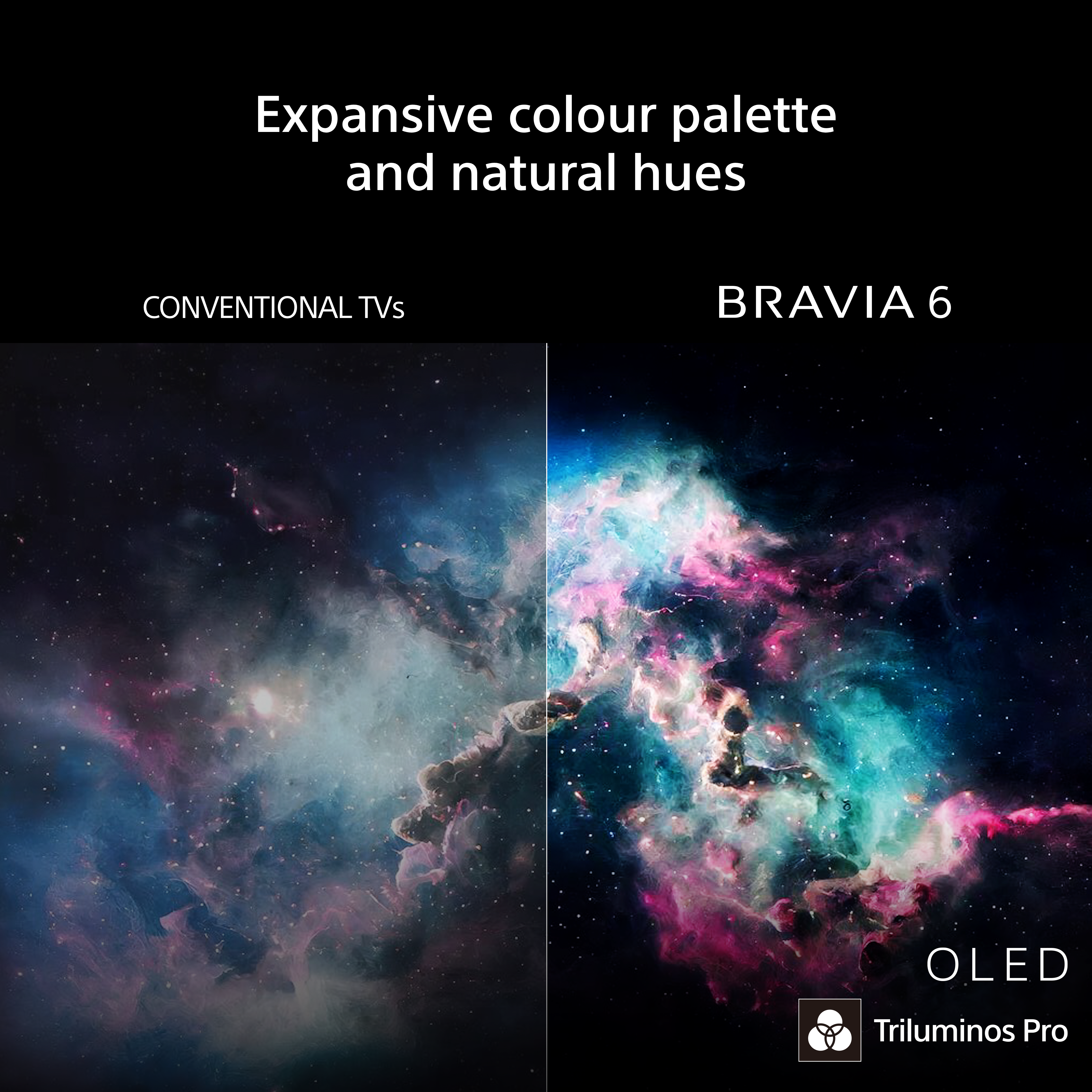 Confronto della qualità dei colori tra un TV convenzionale e BRAVIA 6 con una nebulosa vibrante.