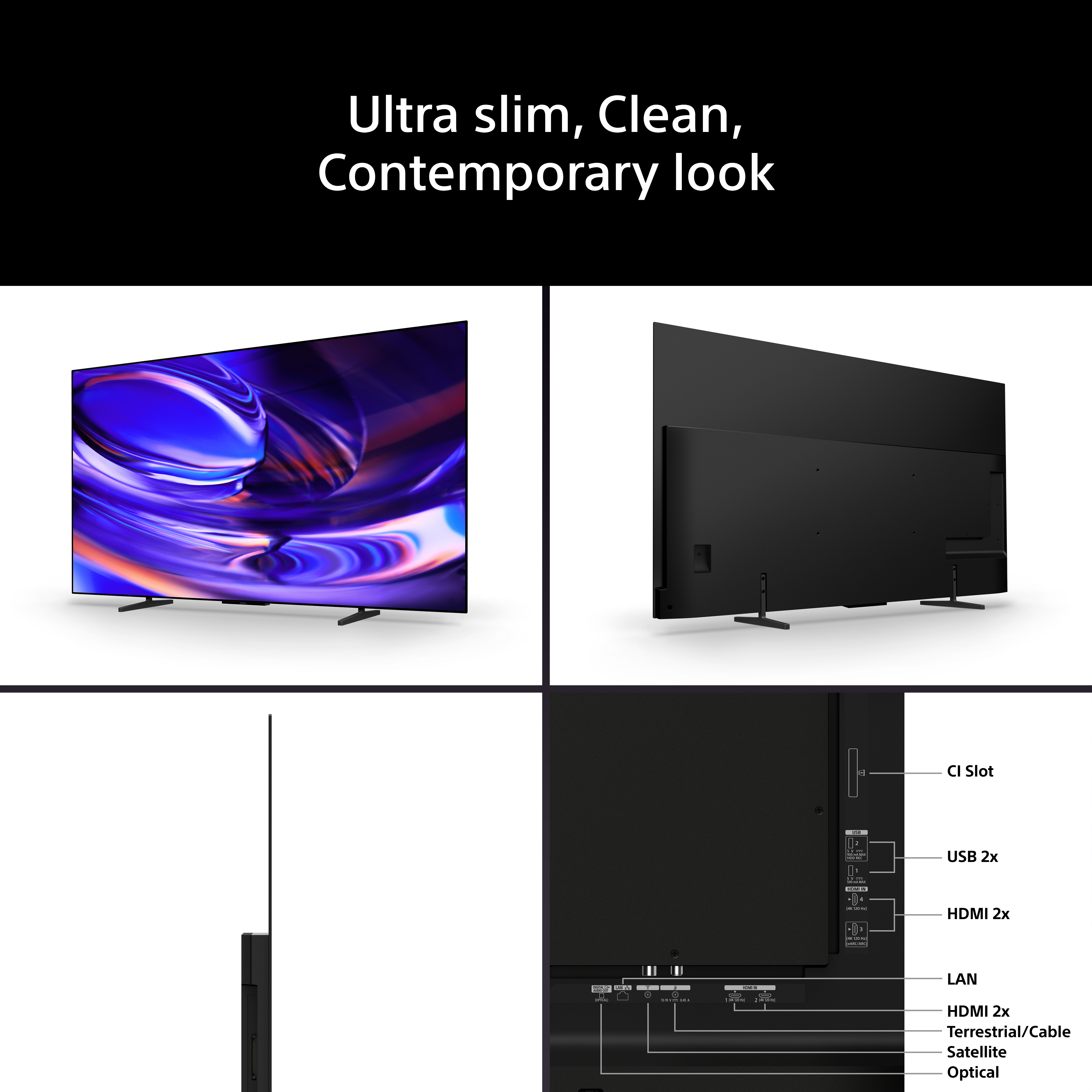 TV ultrasottile con viste frontale, posteriore e laterale insieme al pannello delle porte etichettate.