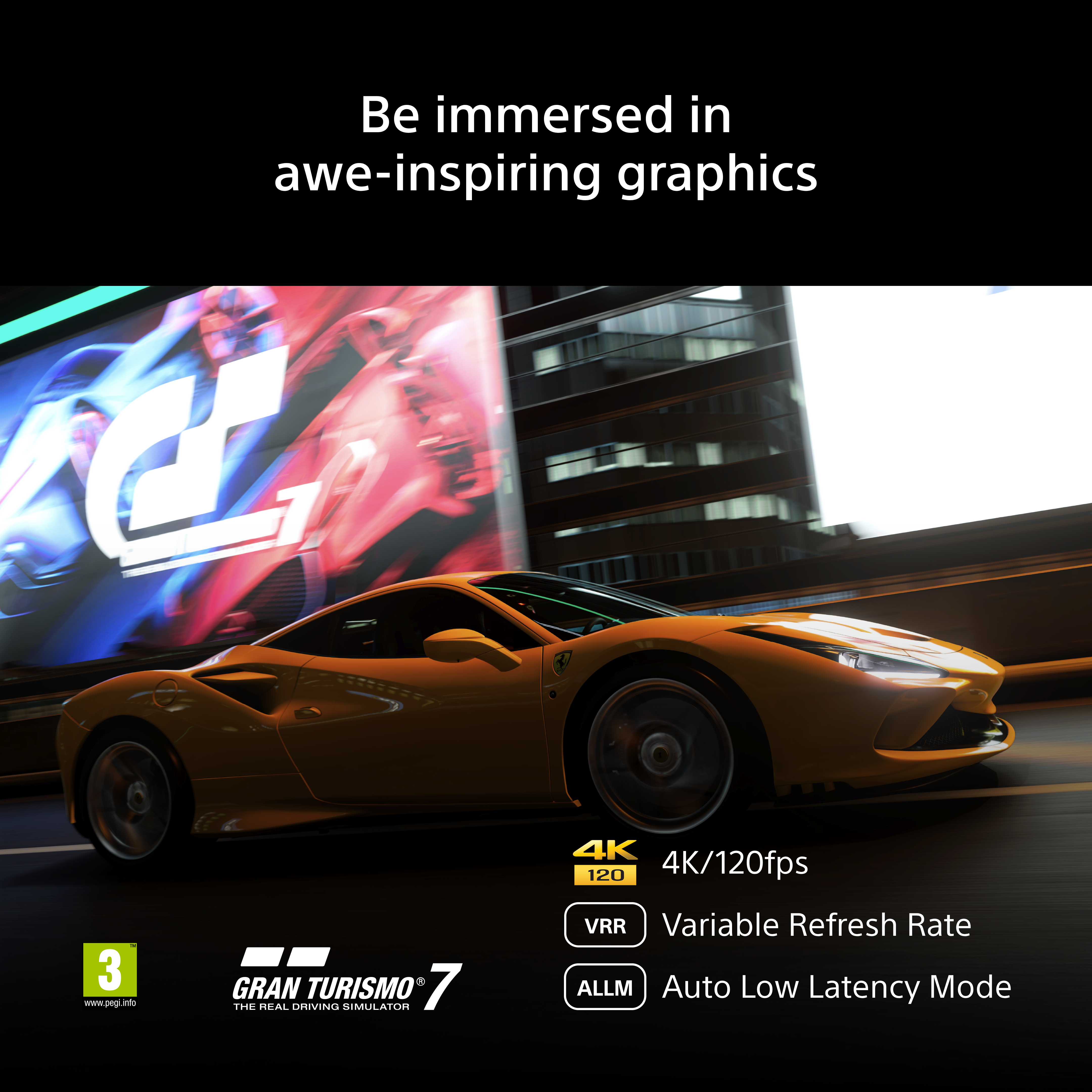 Auto sportiva gialla su strada notturna con grafica e funzioni di Gran Turismo 7.