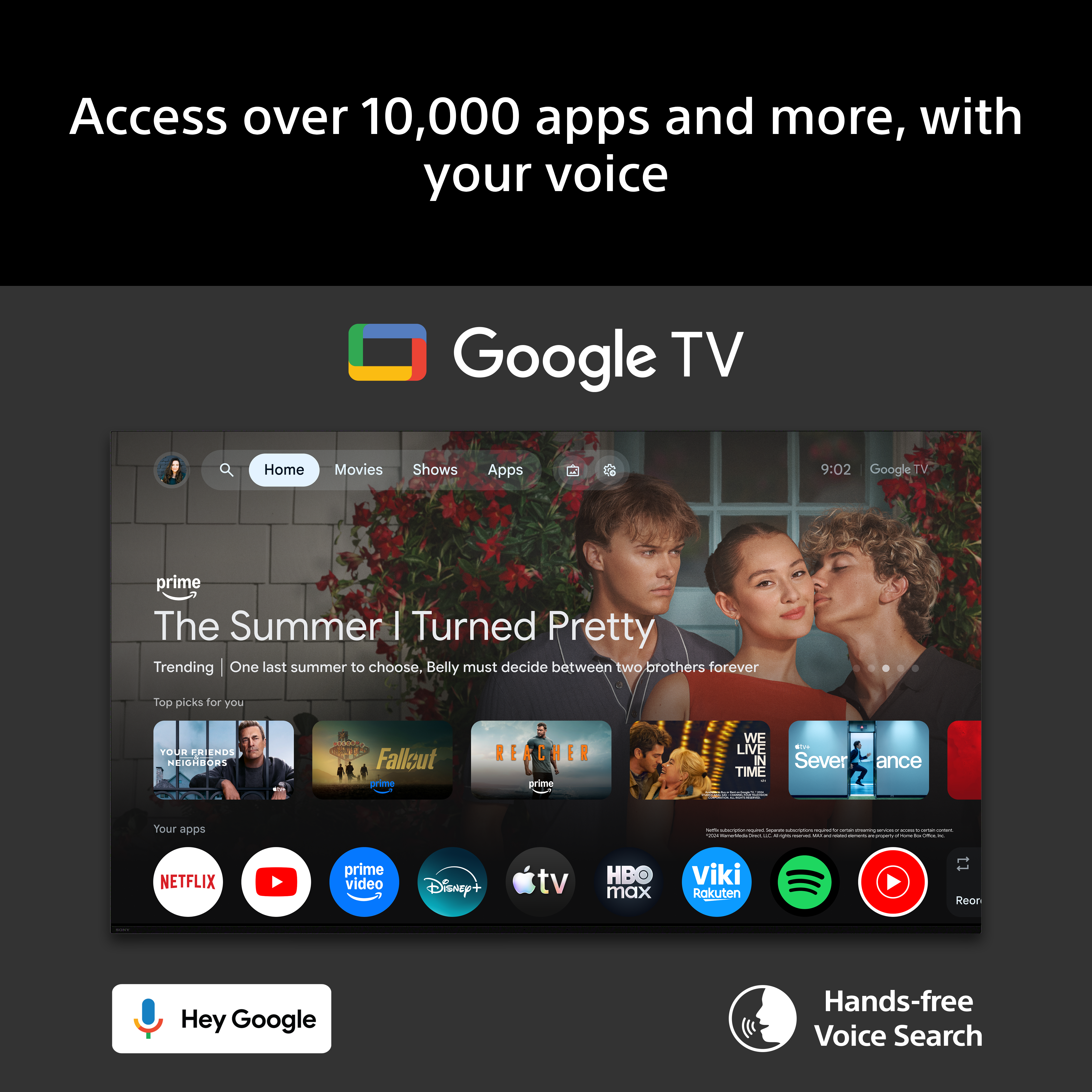 Interfaccia di Google TV con schermata iniziale, app di streaming e ricerca vocale.