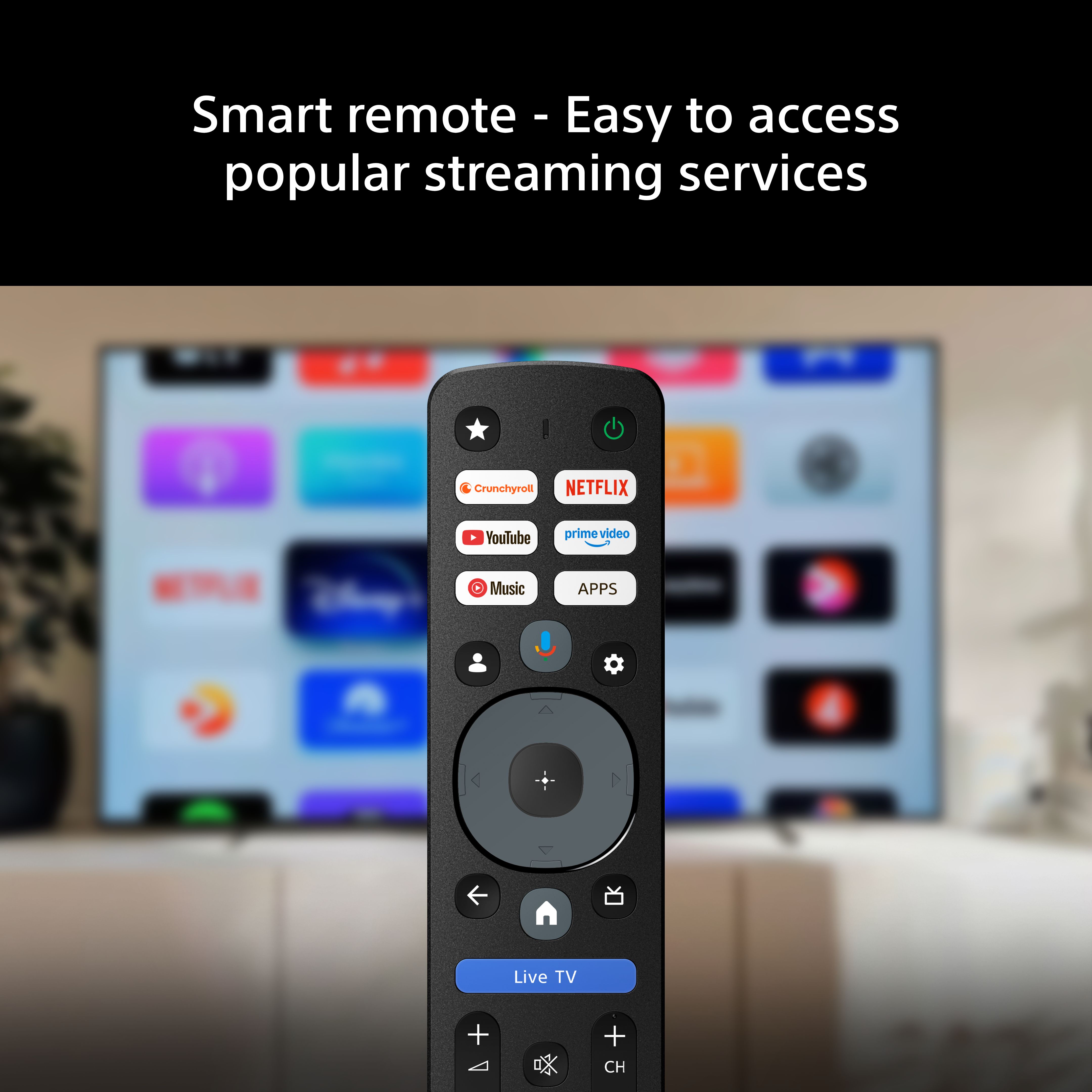 Un telecomando nero per smart TV con pulsanti di streaming, su sfondo sfocato.