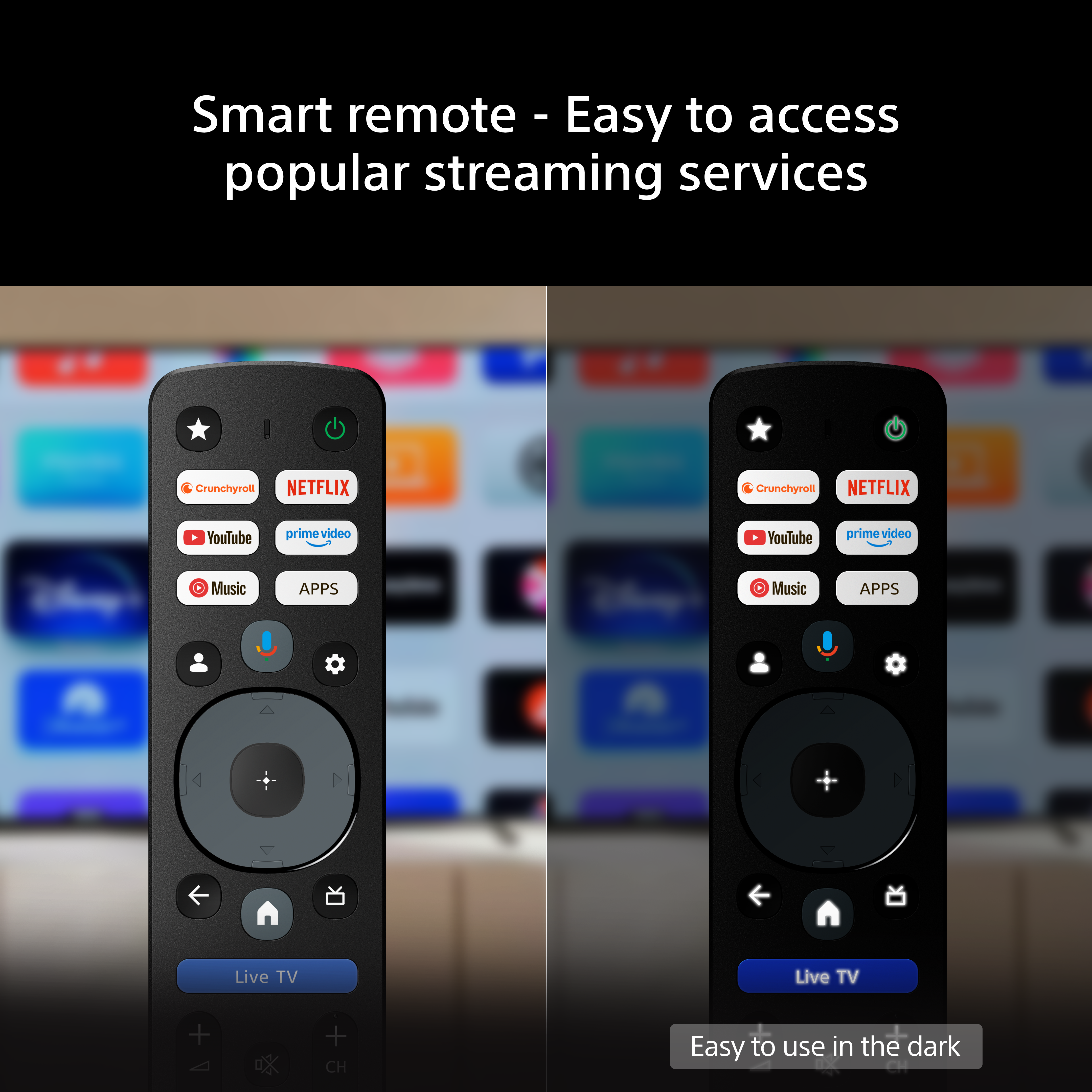 Un telecomando smart nero con pulsanti per app di streaming, mostrato in condizioni di luce e buio.