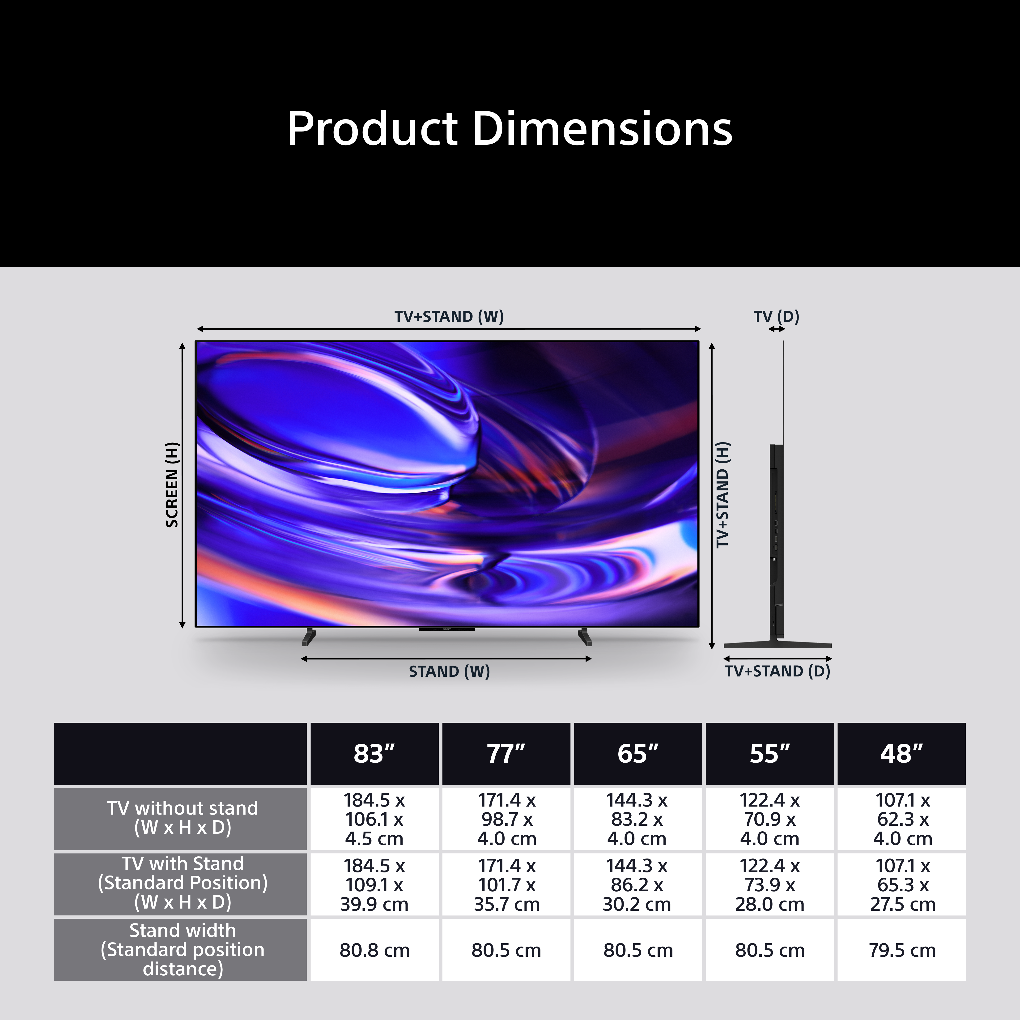 Diagramma delle dimensioni del prodotto di una TV con supporto, che mostra le misure per varie dimensioni.