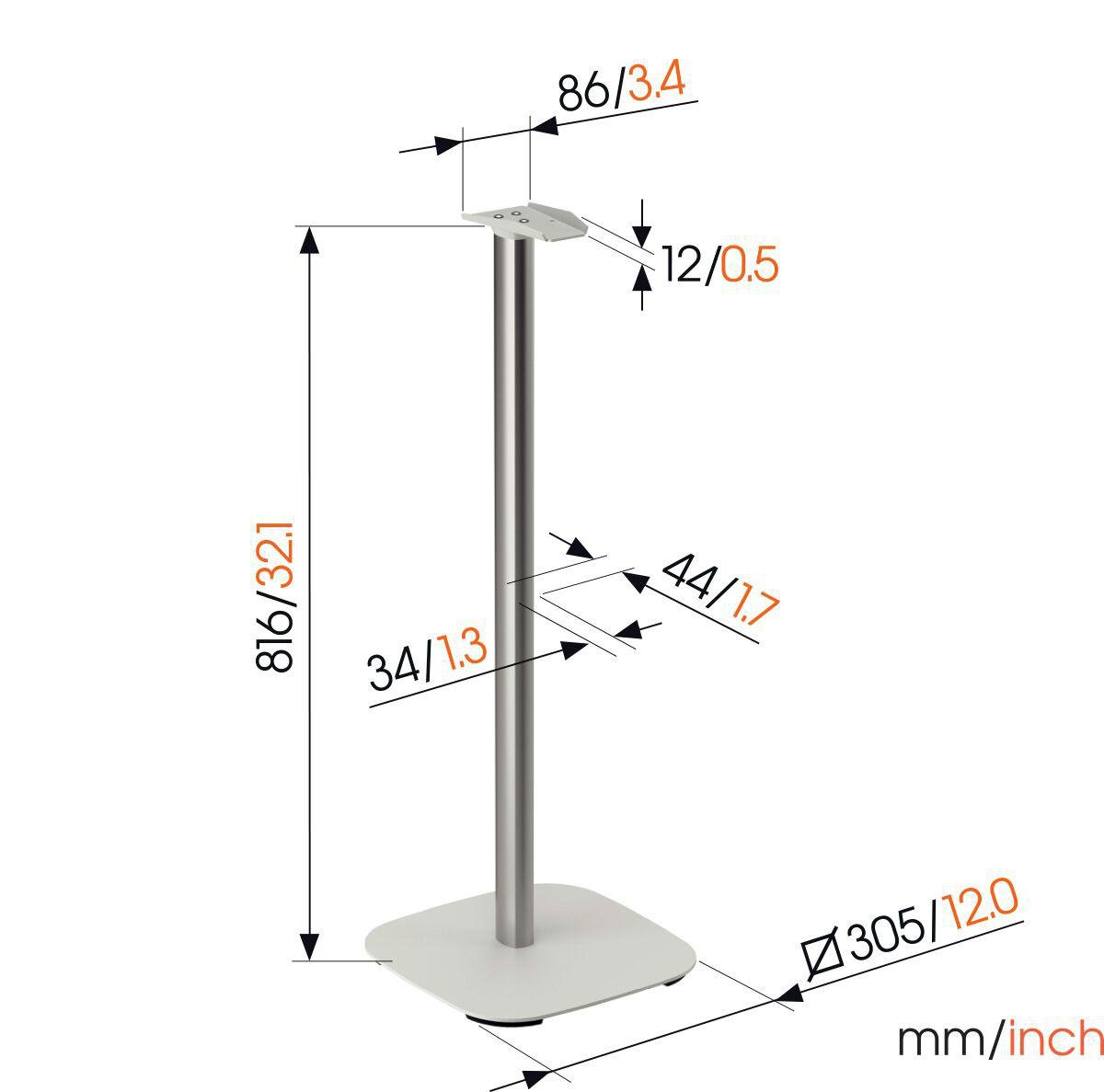 Technische Zeichnung eines Tischbeins aus Metall mit Maßen in mm und Zoll, mit Angabe von Höhe und Platten.