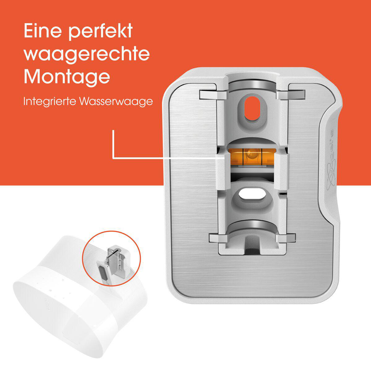 Wandhalterung mit integrierter Wasserwaage und einem kleinen Bild einer weißen Box im unteren linken Bereich.